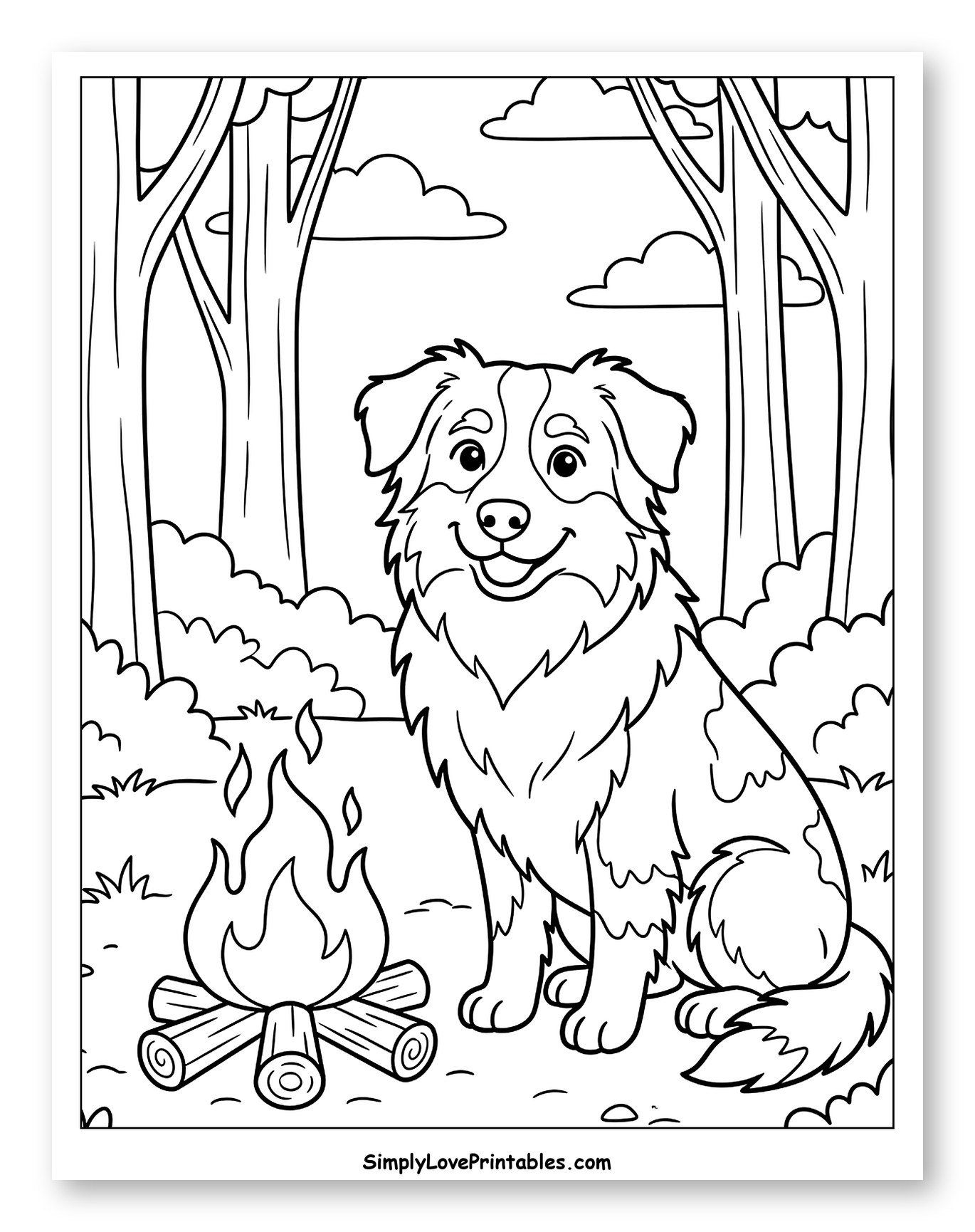 Happy Australian Shepherd Dog by Campfire in Forest