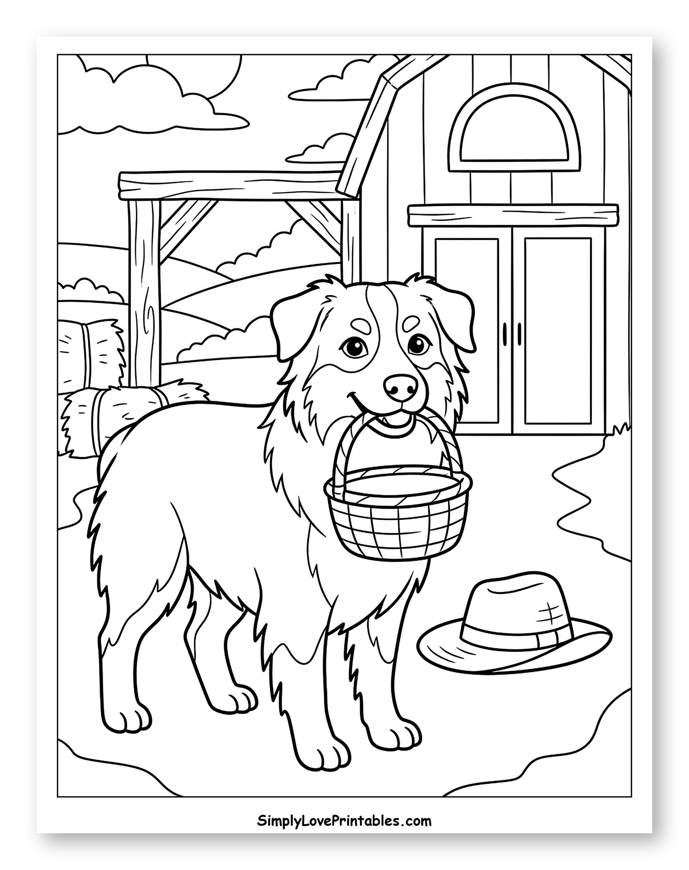 Happy Australian Shepherd Holding Basket on Farm