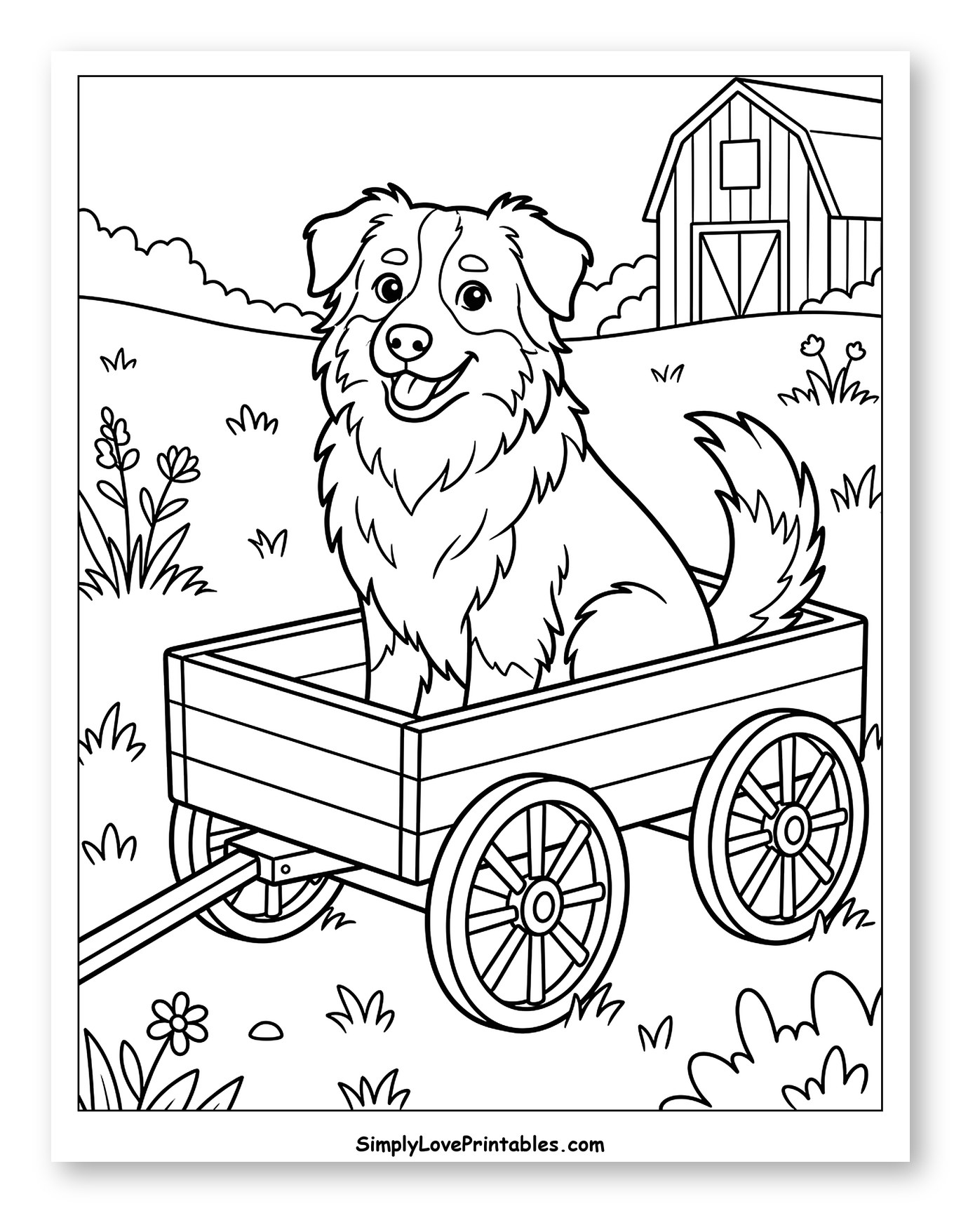 Happy Australian Shepherd in a Countryside Wagon Coloring Page for Kids