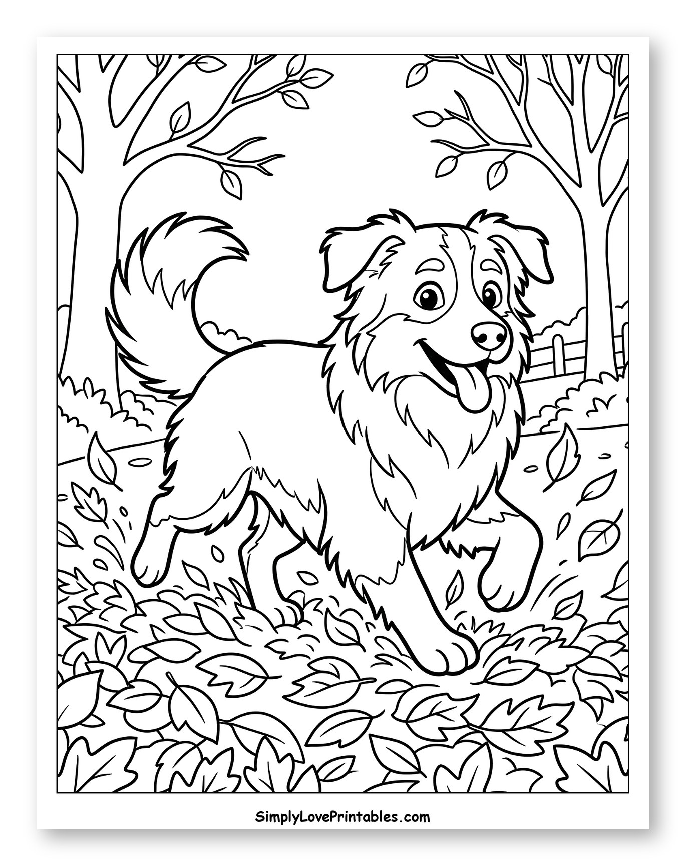 Happy Australian Shepherd Running in Leaves Coloring Sheet for Kids