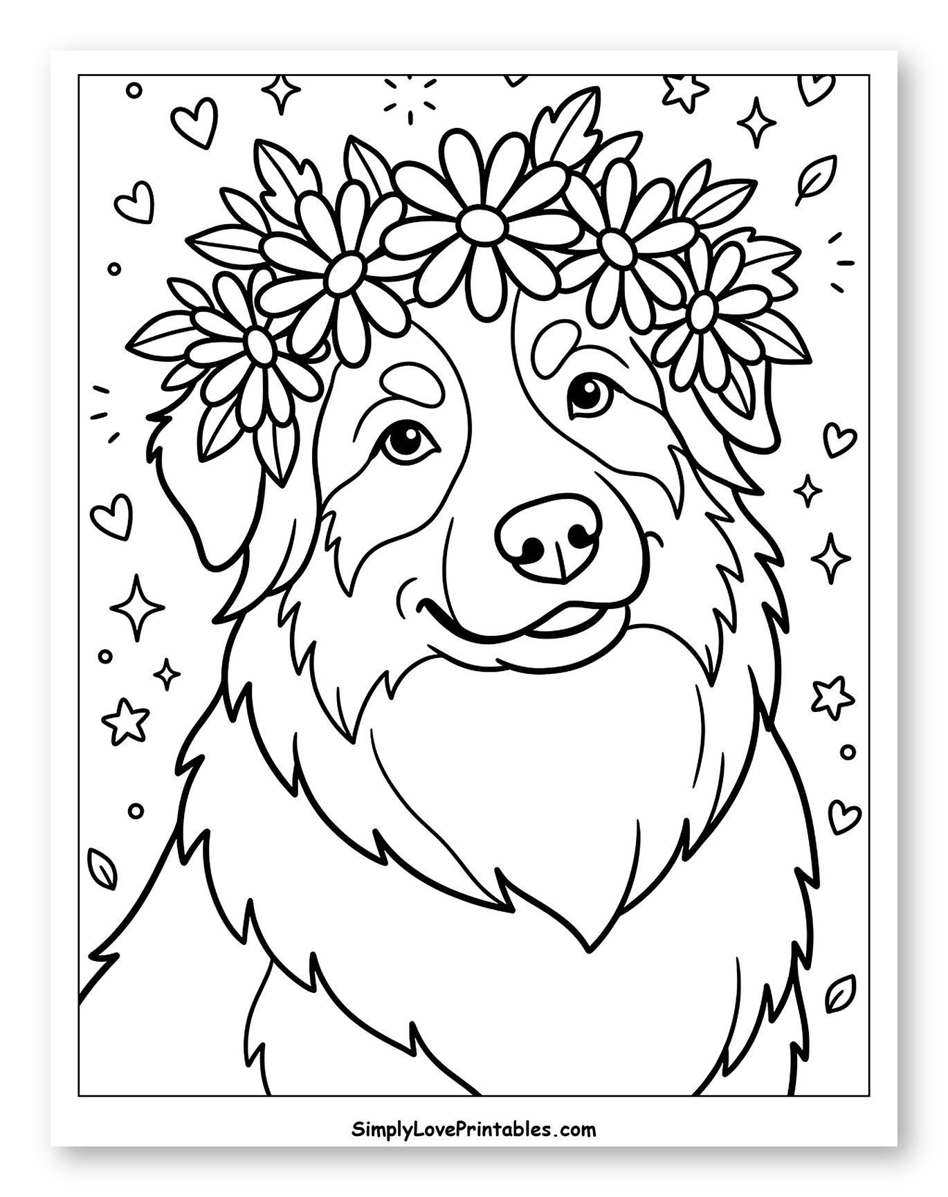 Happy Australian Shepherd with a Flower Crown Coloring Page for Adults