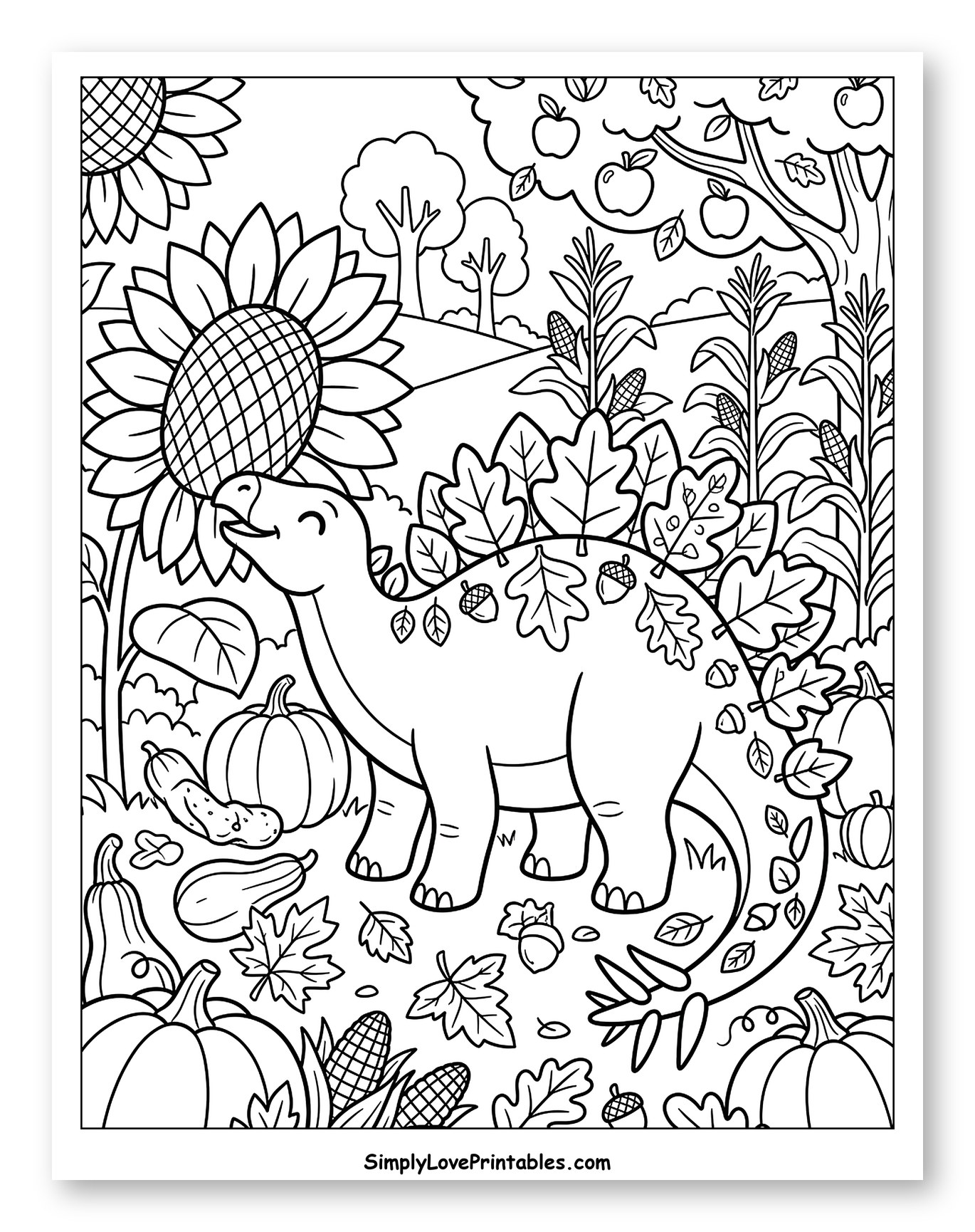 Happy Autumn Dinosaur in a Pumpkin Patch