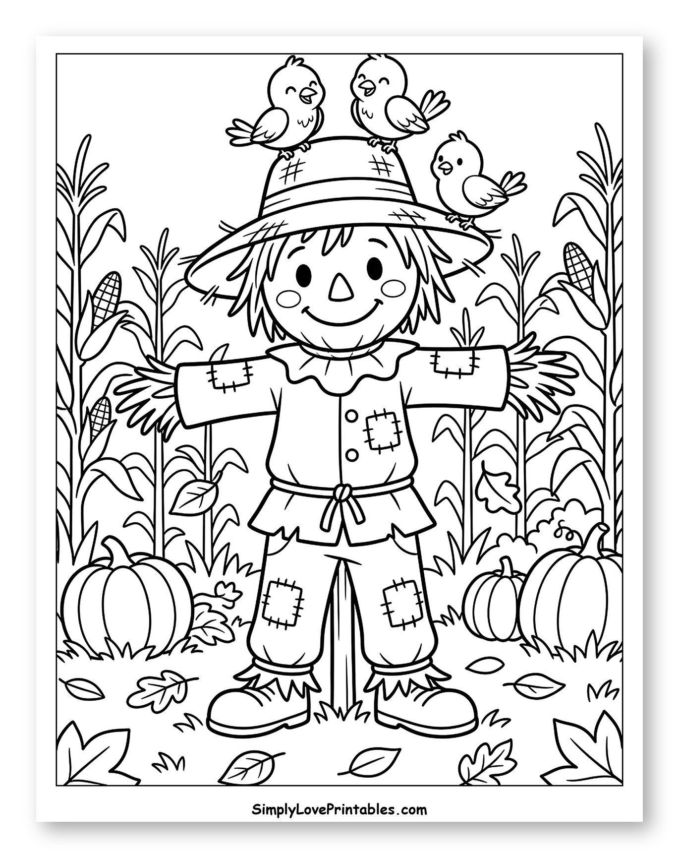 Happy Autumn Scarecrow with Friendly Little Birds