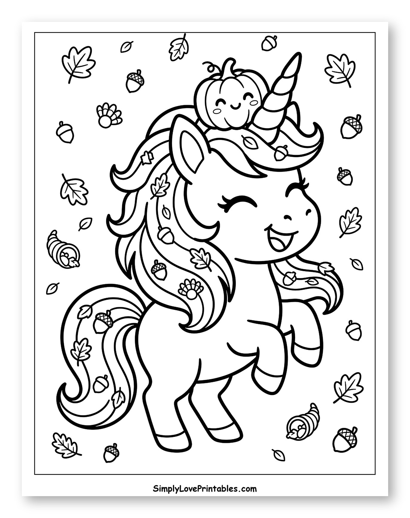 Happy Autumn Unicorn Wearing a Tiny Pumpkin