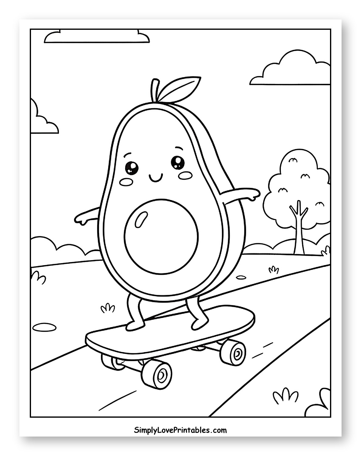 Happy Avocado Character Skateboarding Outdoors Coloring Page for Kids