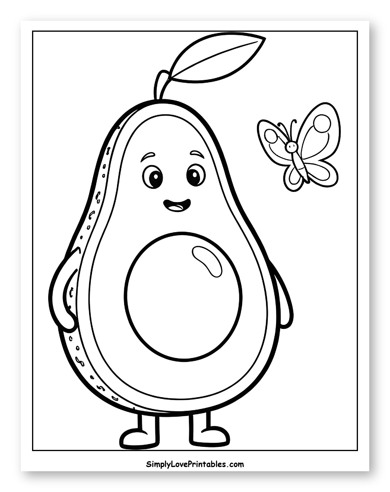Happy Avocado Half with a Butterfly Friend Coloring Sheet for Toddlers