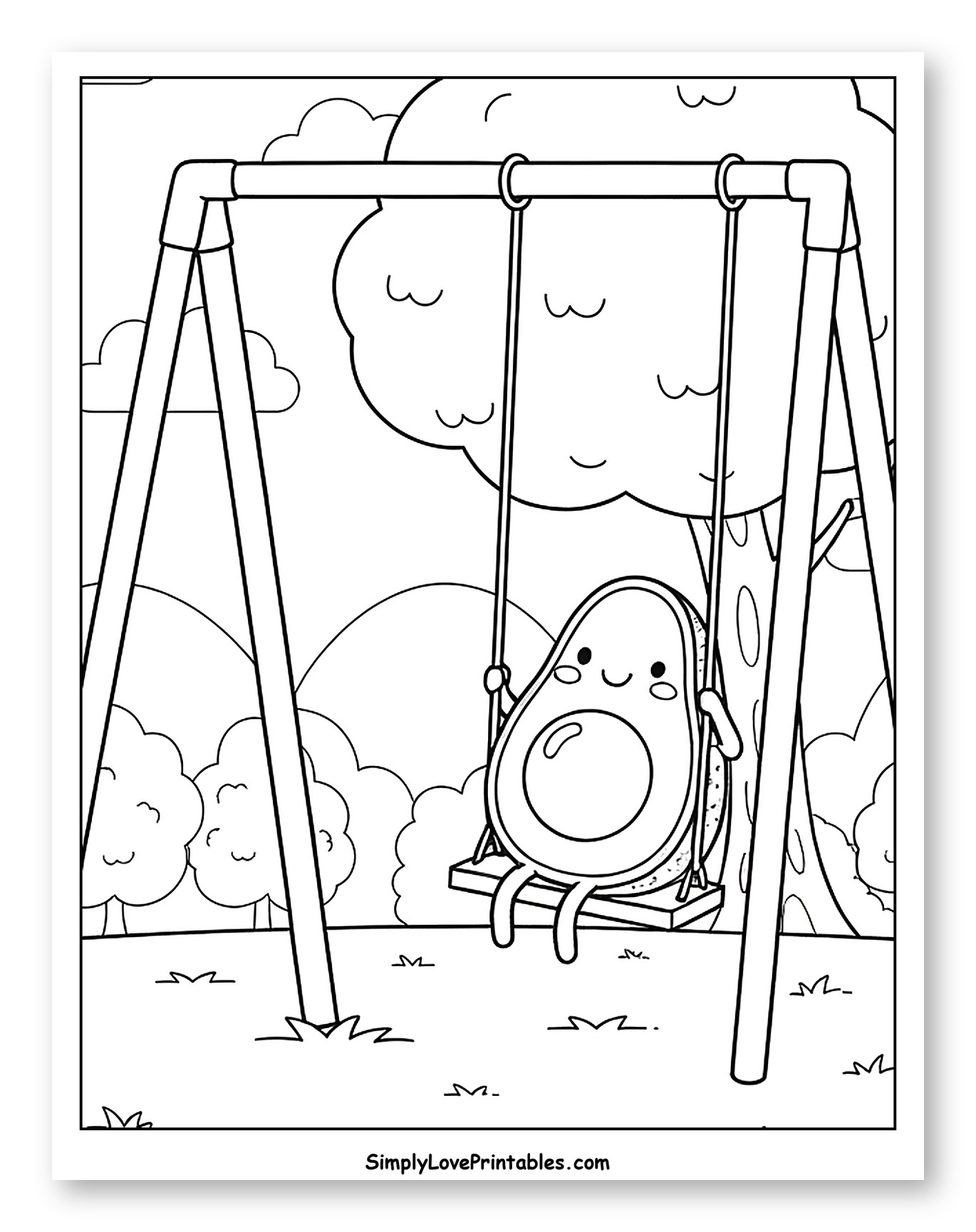 Happy Avocado on a Swing Set Outdoors Coloring Sheet for Kids