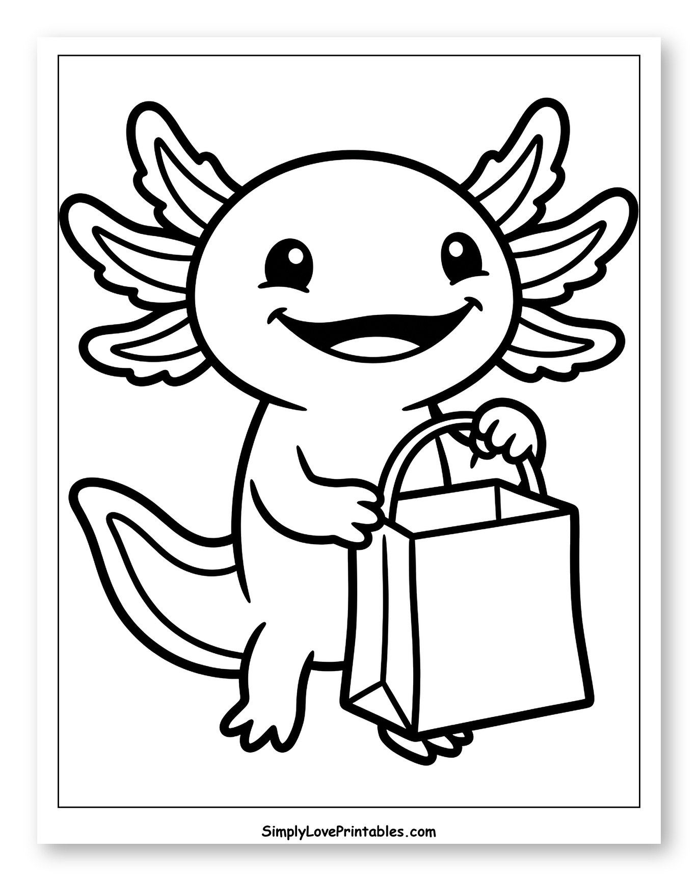 Happy Axolotl Holding a Shopping Bag to Color for Toddlers