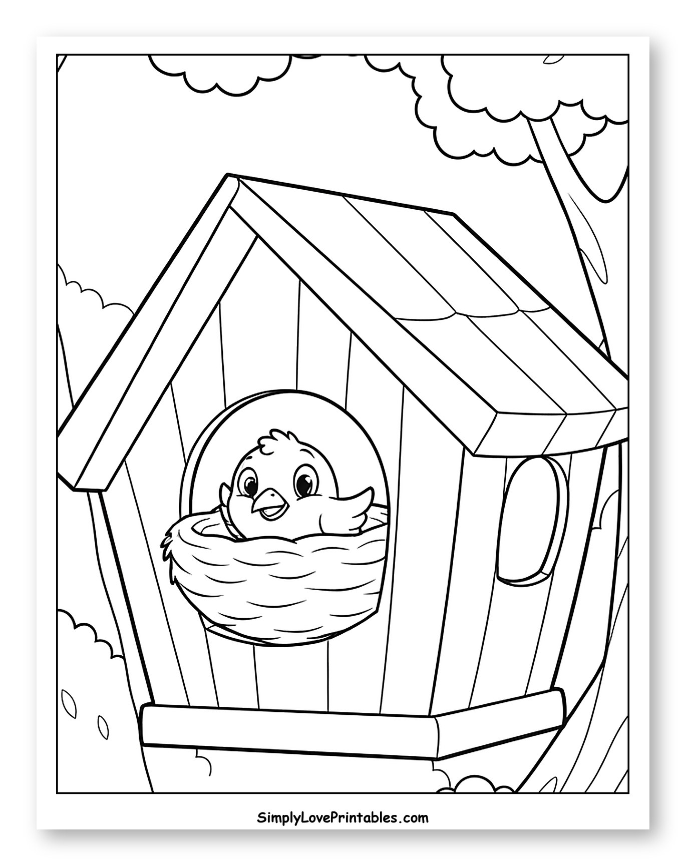 Happy Baby Bird in Nest Inside Birdhouse