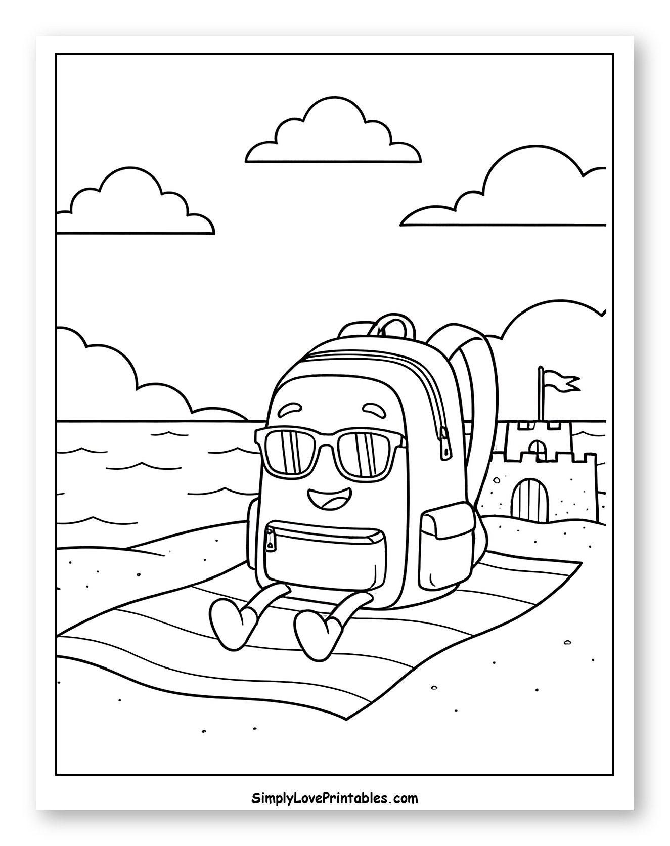 Happy Backpack Enjoying a Beach Day Coloring Sheet for Kids