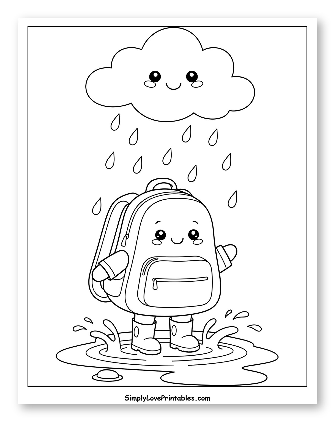 Happy Backpack in the Rain Coloring Page for Kids