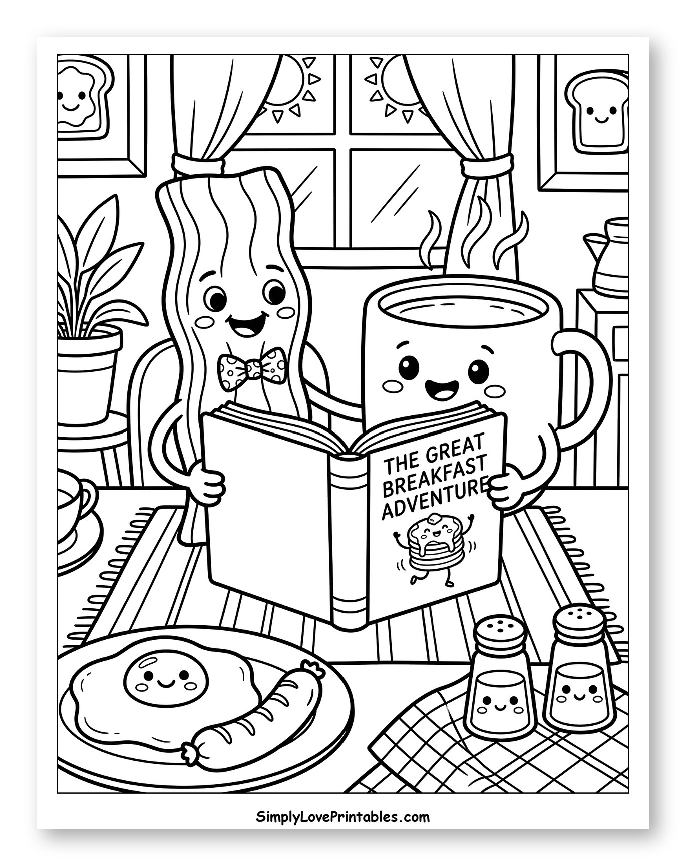 Happy Bacon and Coffee Reading a Book