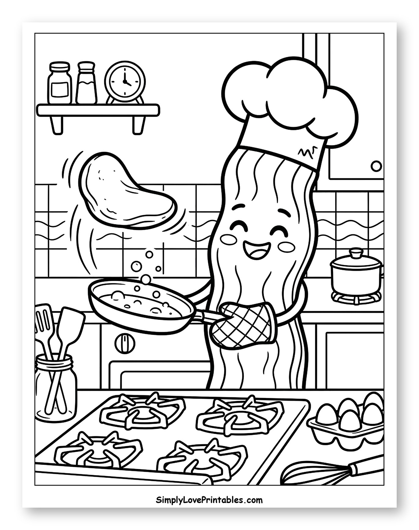 Happy Bacon Chef Flipping Pancakes to Color for Kids