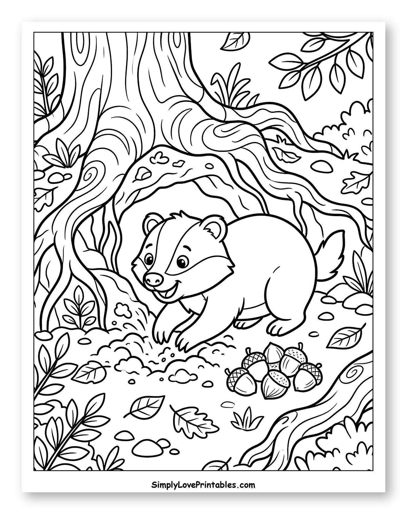 Happy Badger Digging for Acorns by Tree Coloring Page for Kids
