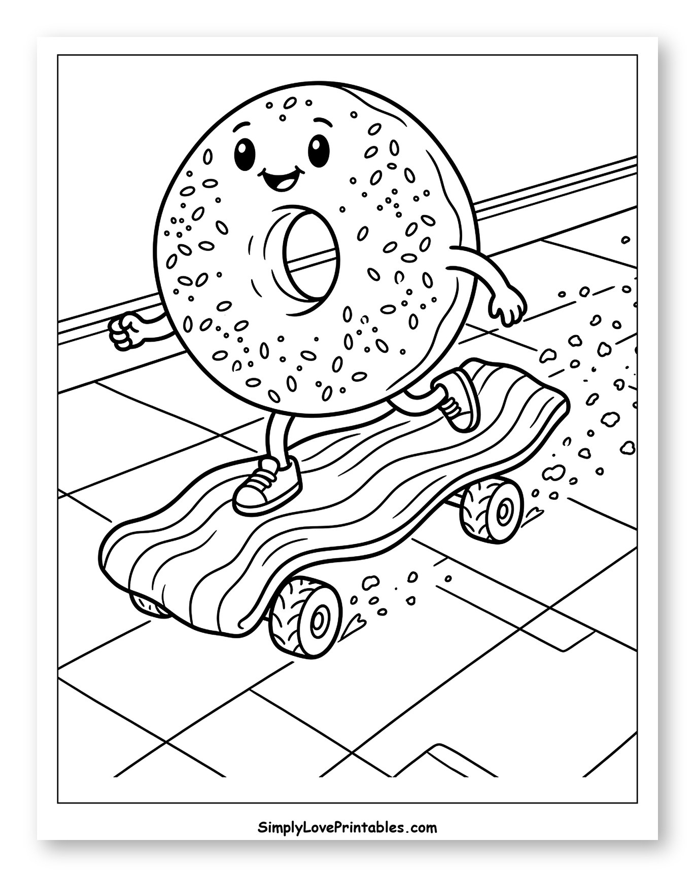Happy Bagel Riding a Skateboard Coloring Page for Kids
