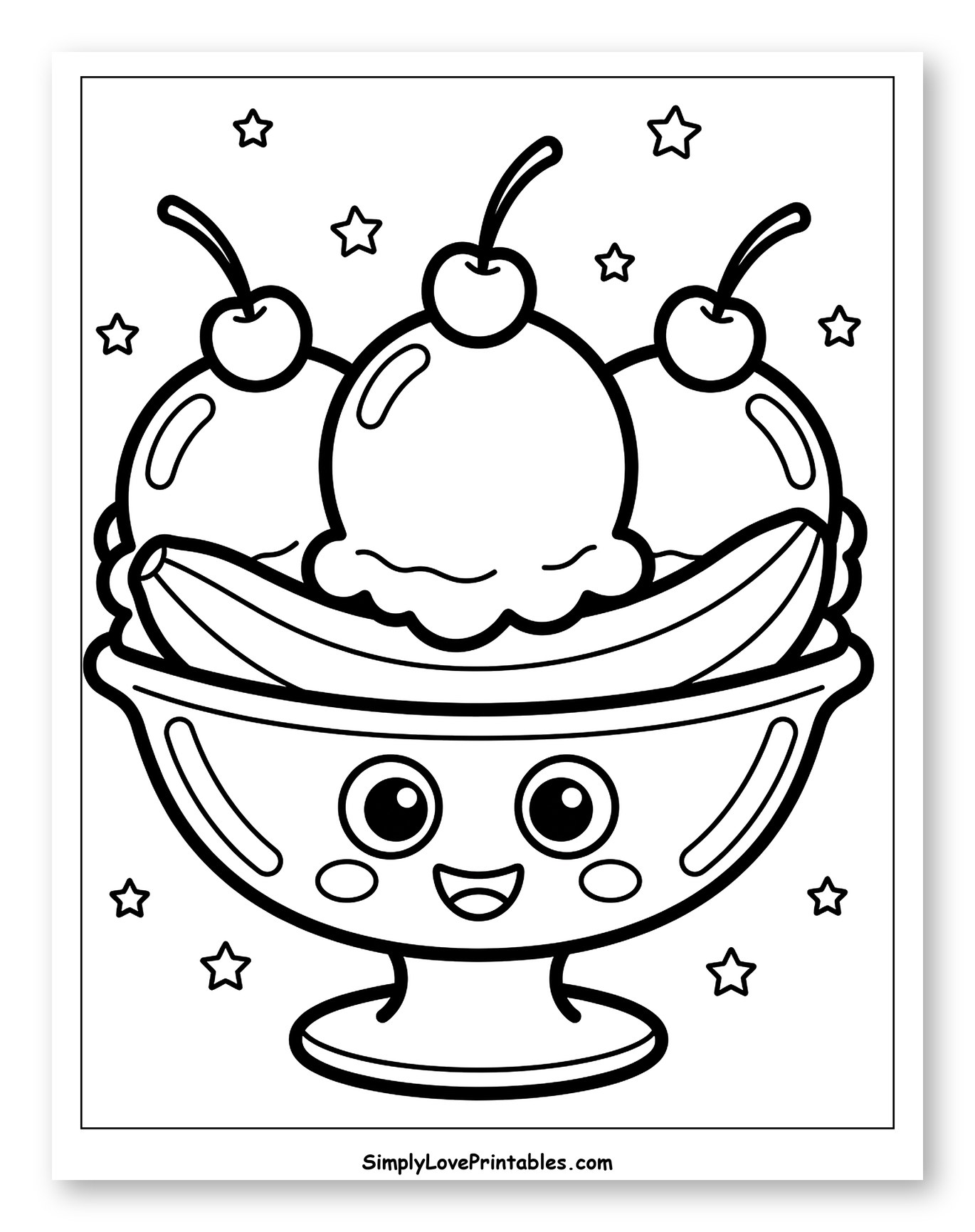 Happy Banana Split with Cherries and Stars Coloring Page for Toddlers