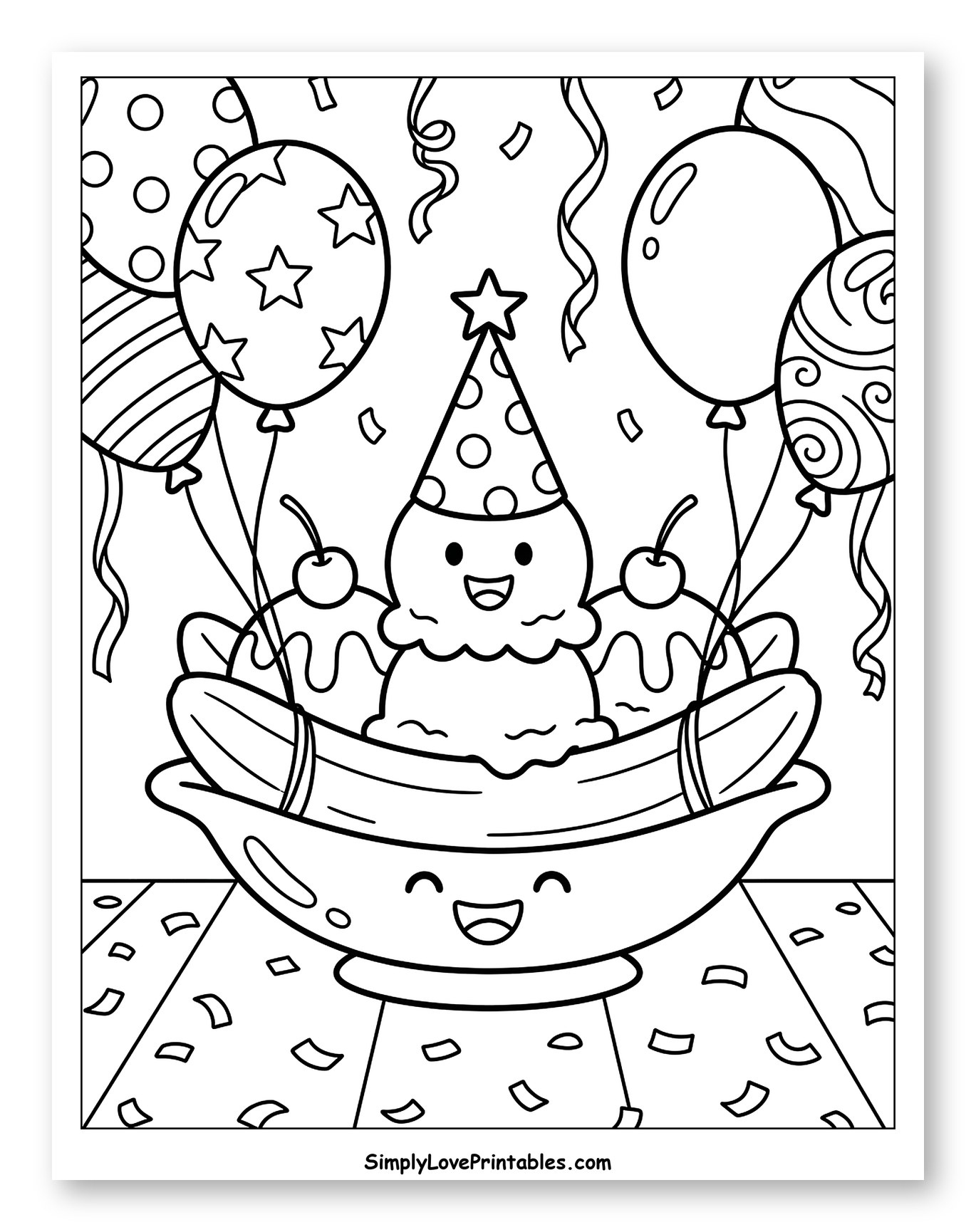 Happy Banana Split with Party Hat and Balloons