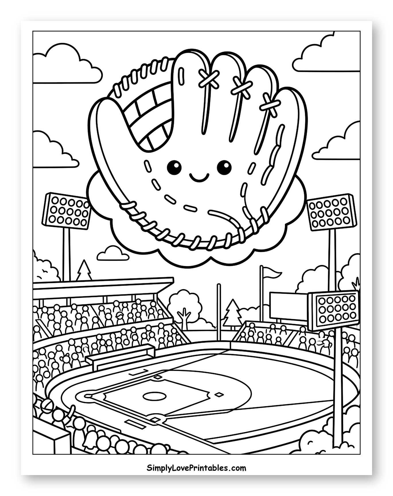 Happy Baseball Glove Above a Baseball Stadium Coloring Sheet for Kids