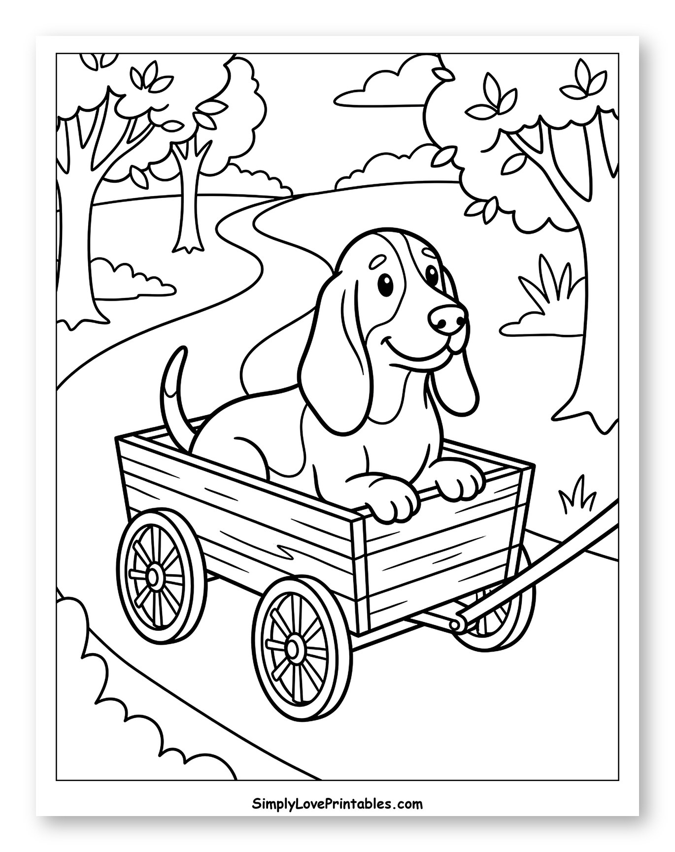 Happy Basset Hound Dog in Wooden Wagon Coloring Page for Kids