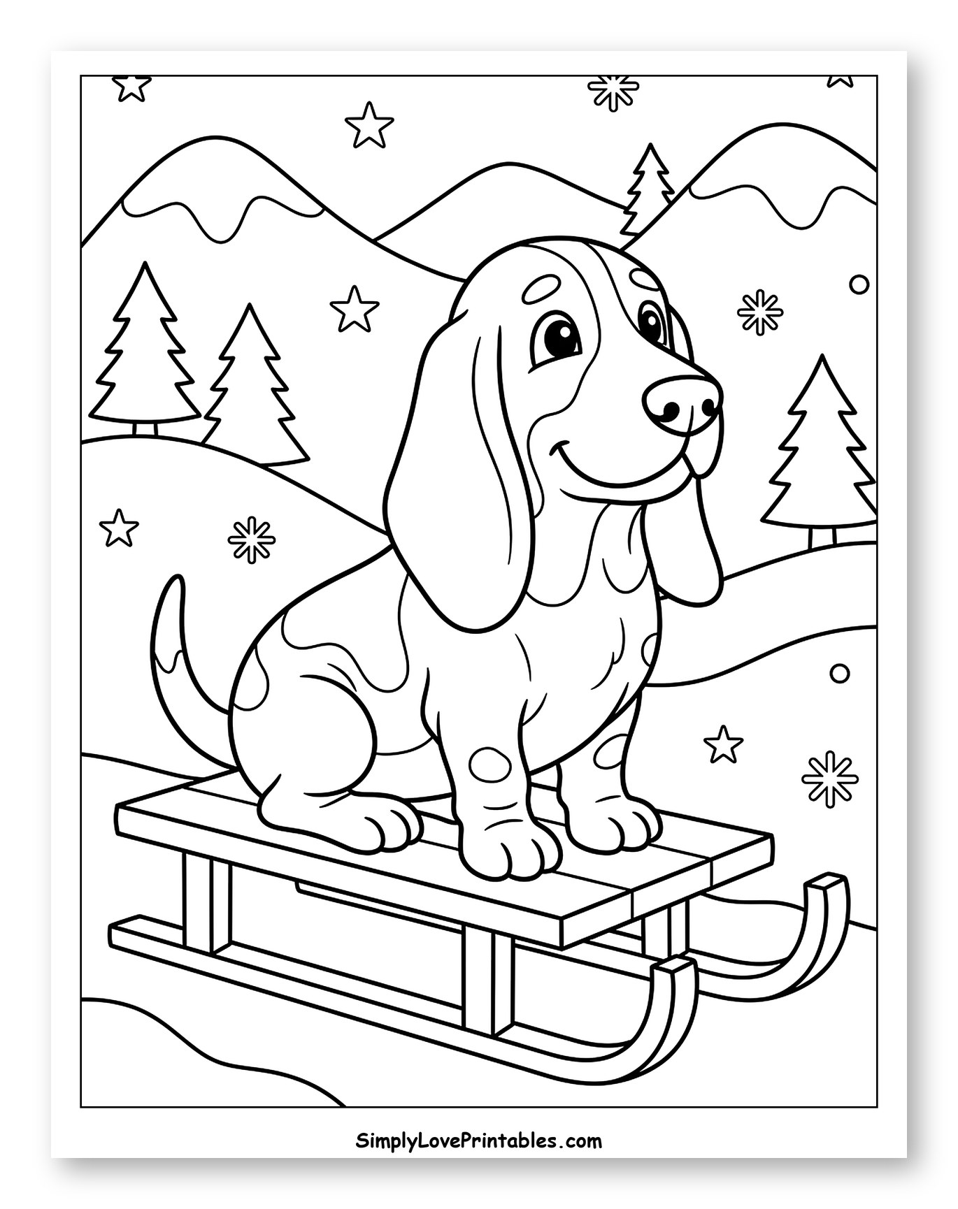 Happy Basset Hound Puppy on a Winter Sled