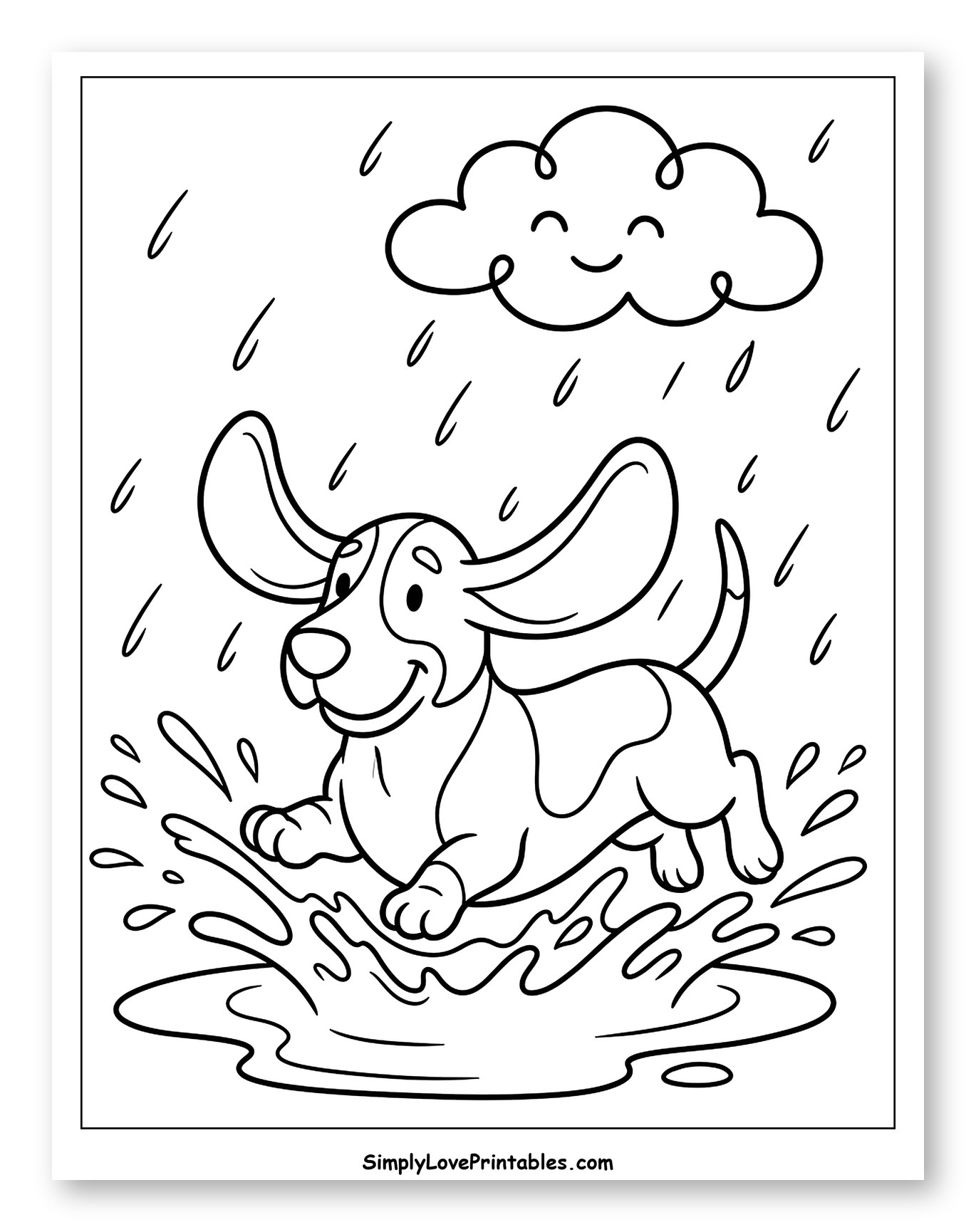 Happy Basset Hound Splashing in Puddle Coloring Page for Kids