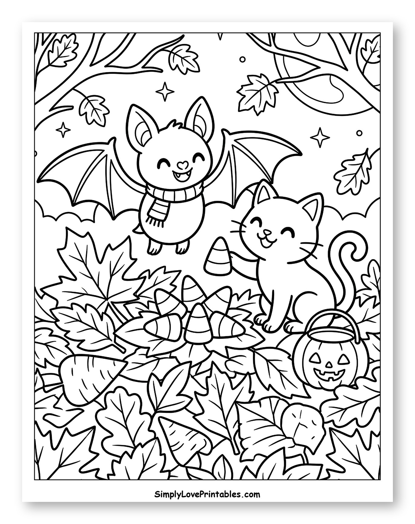 Happy Bat and Cat in Autumn Leaves