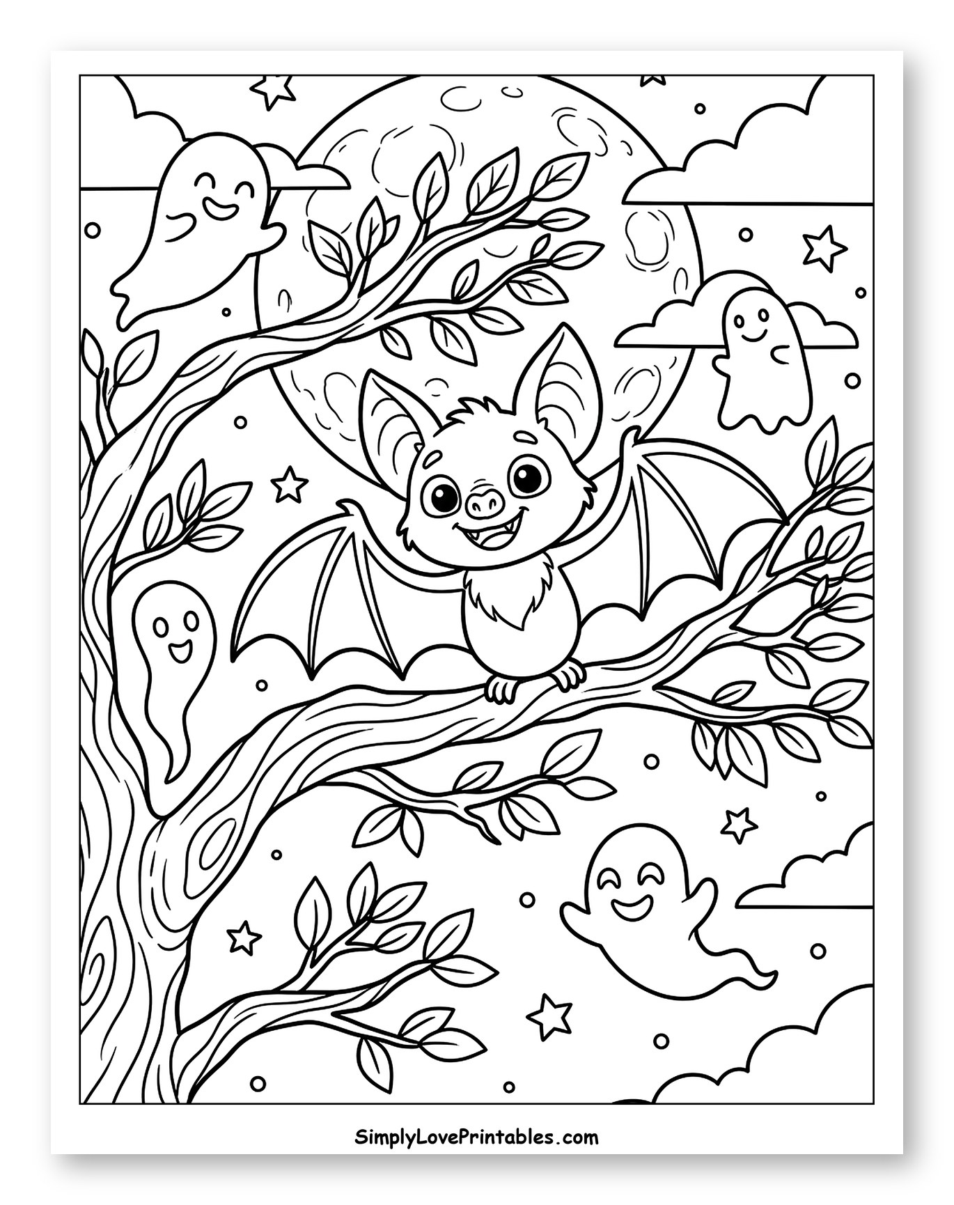 Happy Bat and Friendly Ghosts under a Full Moon Coloring Page for Kids