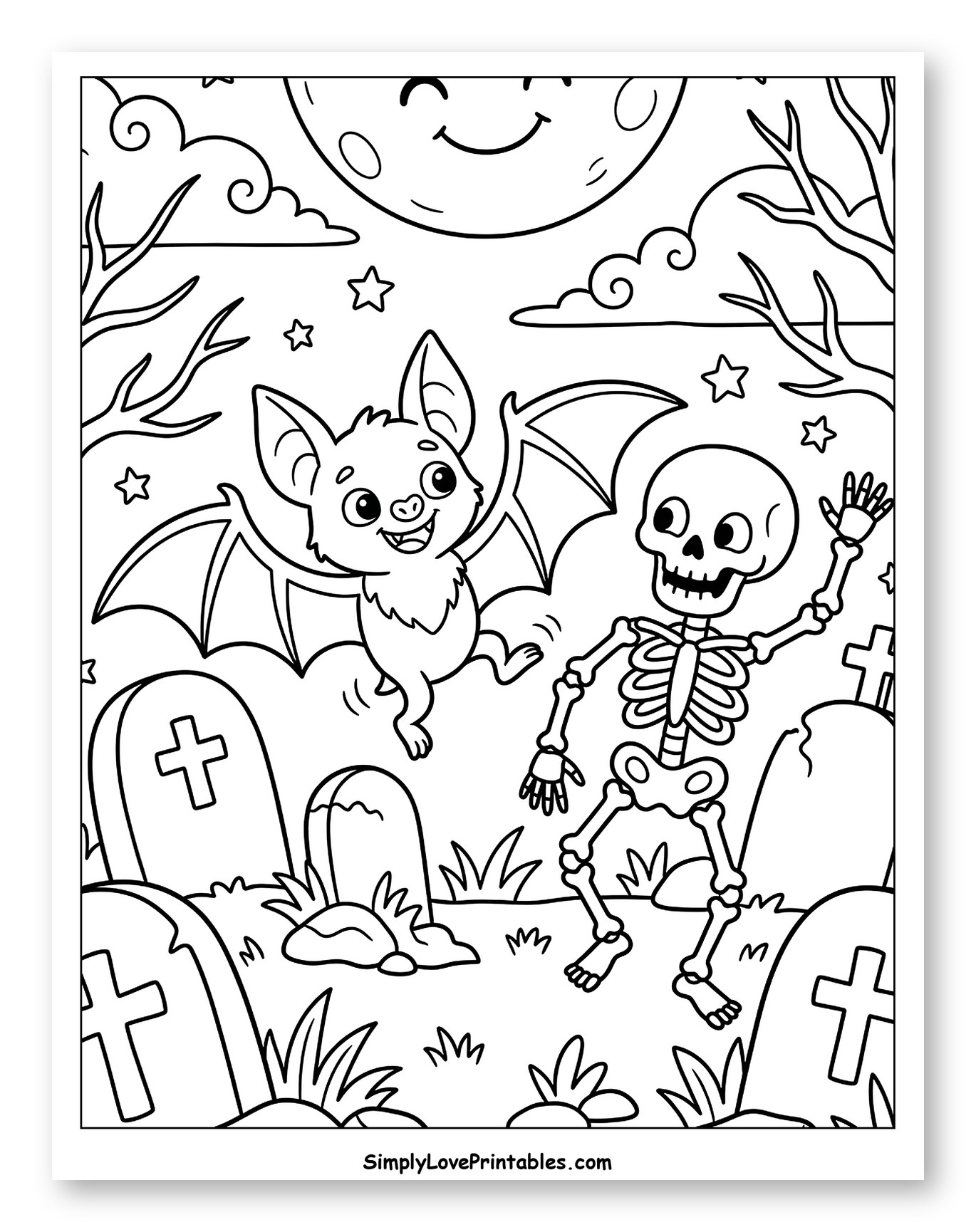 Happy Bat and Skeleton Dancing in Graveyard to Color for Kids