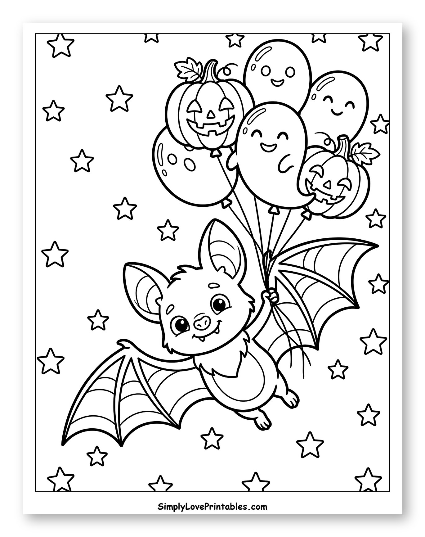 Happy Bat with Halloween Ghost and Pumpkin Balloons to Color for Kids