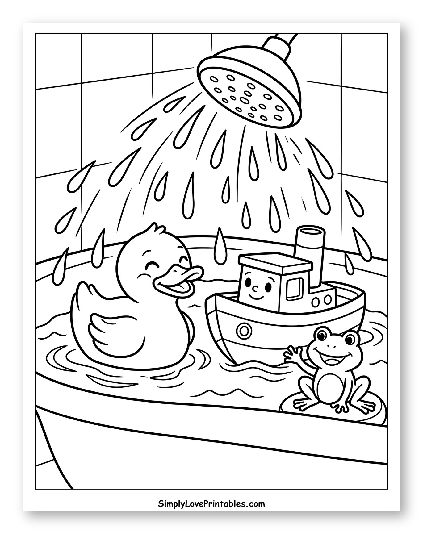 Happy Bath Time with Duck, Boat, and Frog Coloring Sheet for Kids