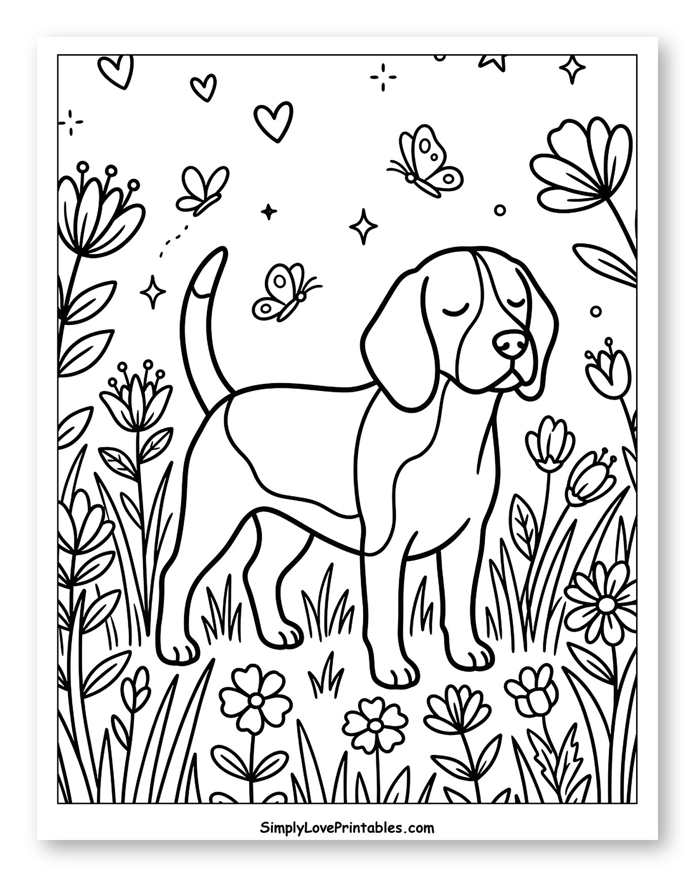 Happy Beagle Among Flowers and Butterflies Coloring Sheet for Adults