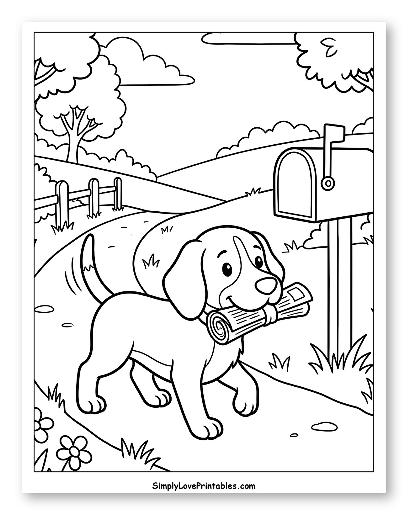 Happy Beagle Delivering Newspaper to Mailbox Coloring Sheet for Kids