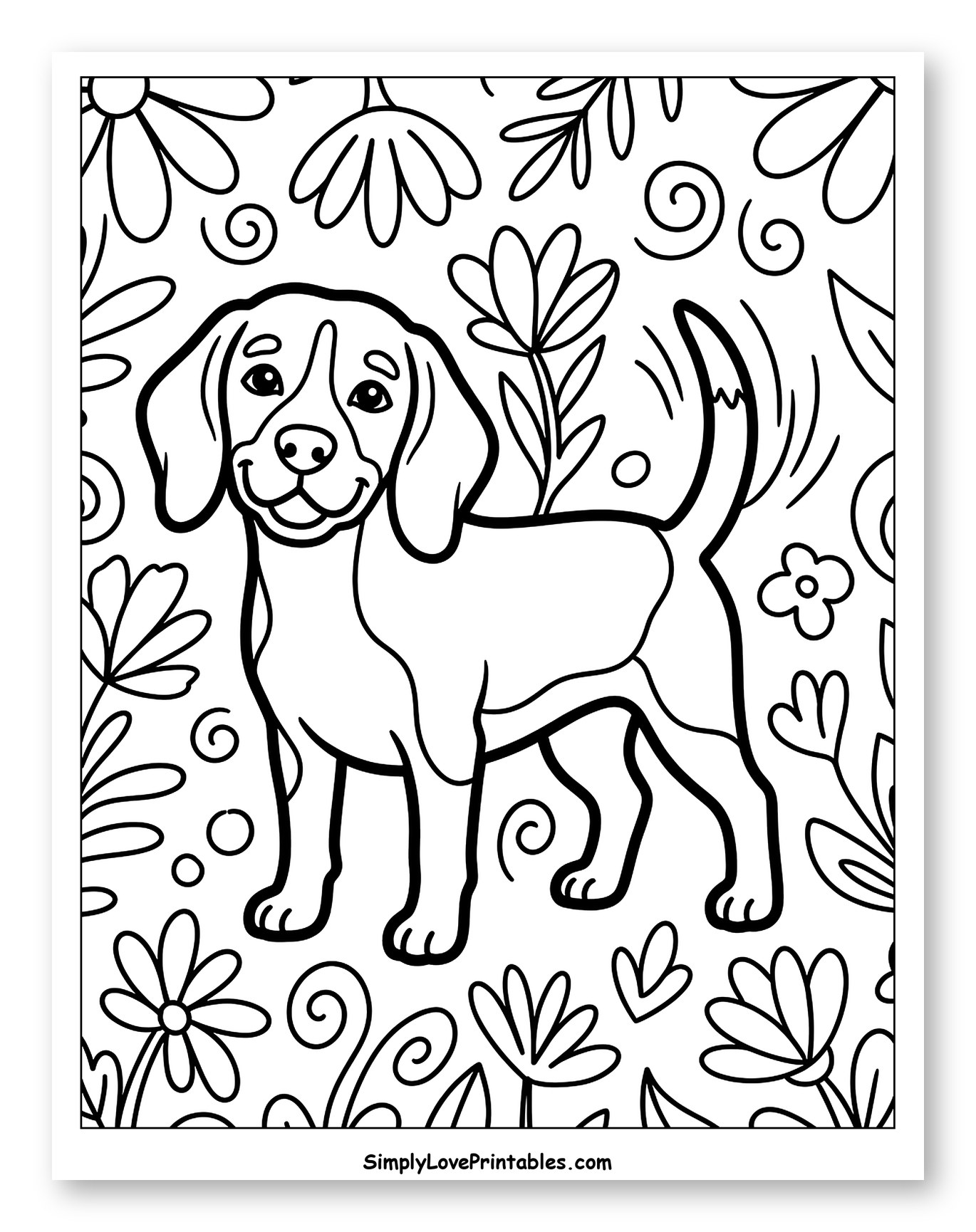 Happy Beagle Dog Among Swirling Flowers Coloring Page for Toddlers