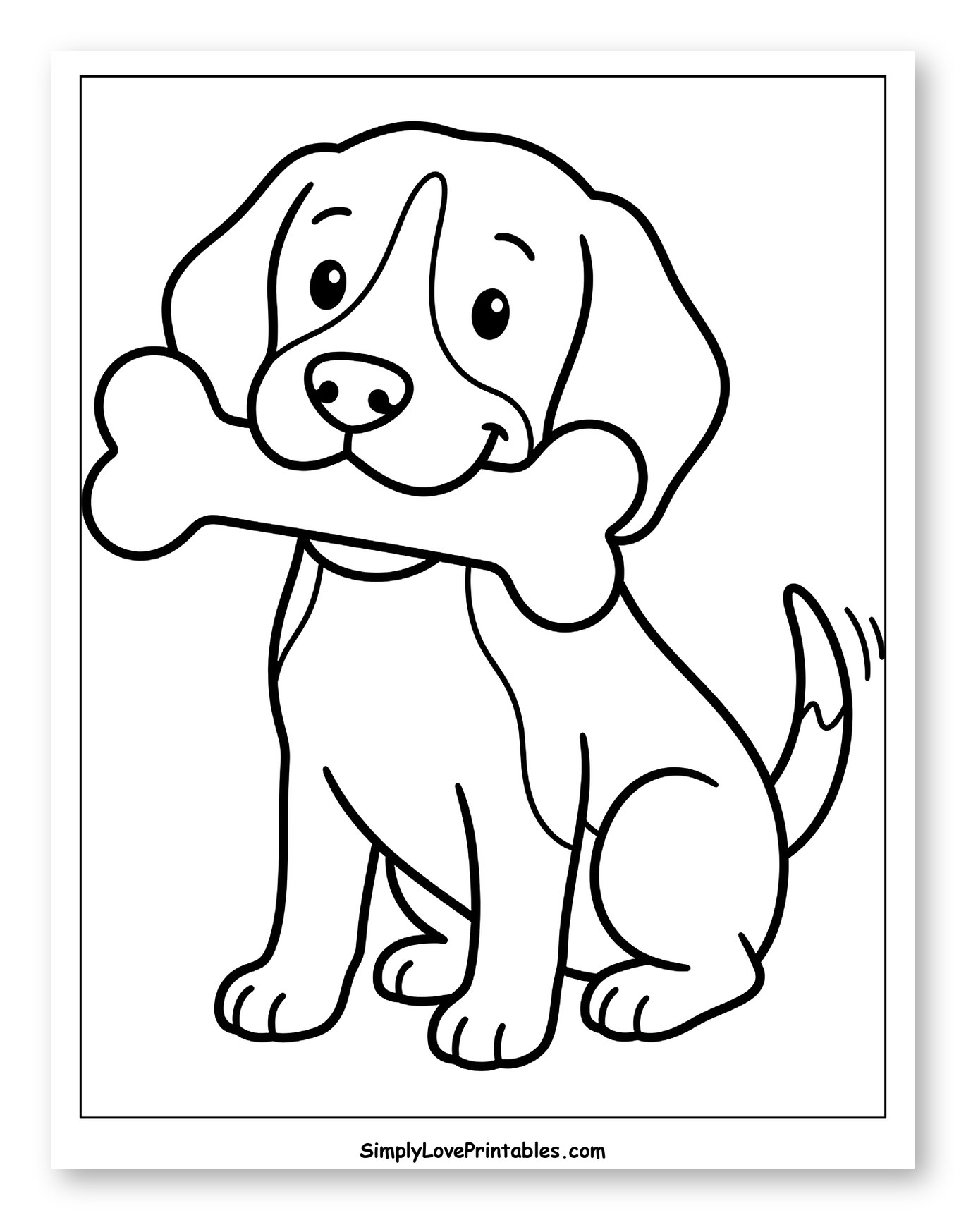 Happy Beagle Puppy Holding a Bone Coloring Sheet for Toddlers