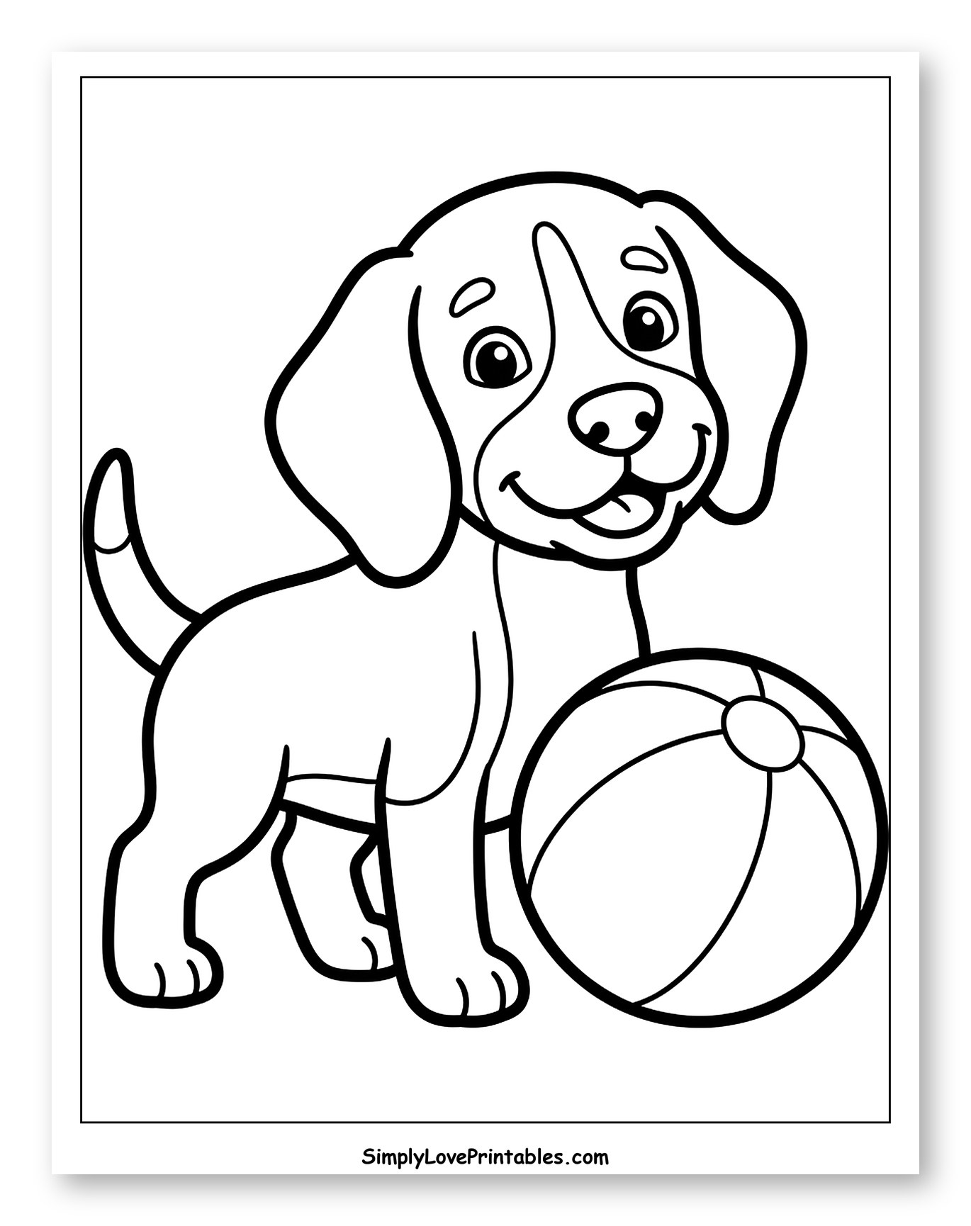 Happy Beagle Puppy with a Beach Ball Coloring Sheet for Toddlers
