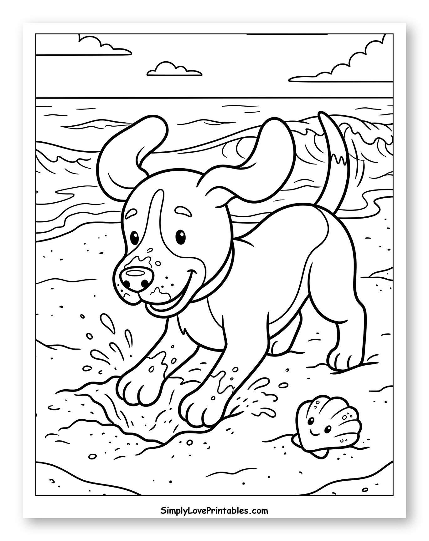 Happy Beagle Splashing on the Beach to Color for Kids