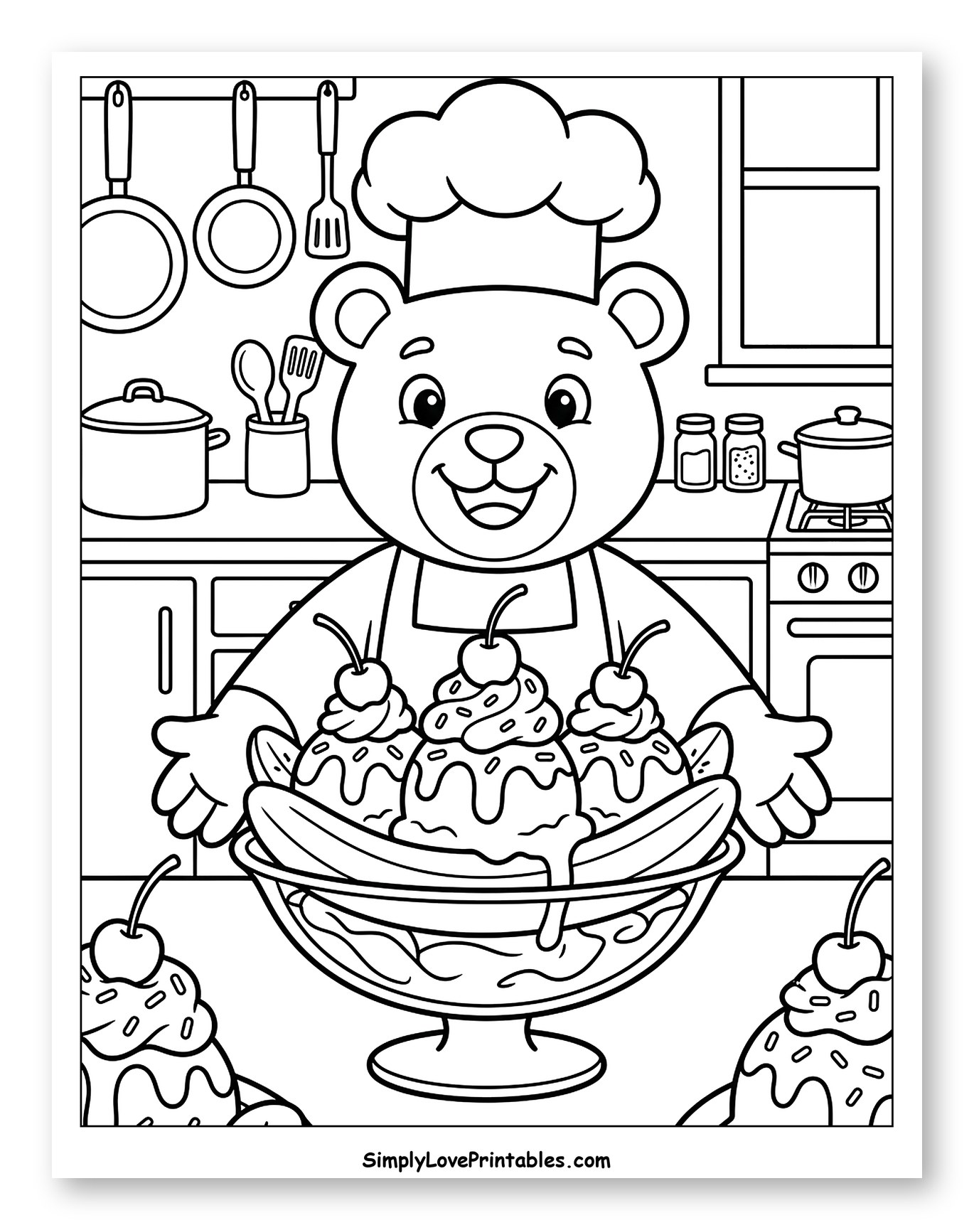 Happy Bear Chef with Banana Split Sundae to Color for Kids