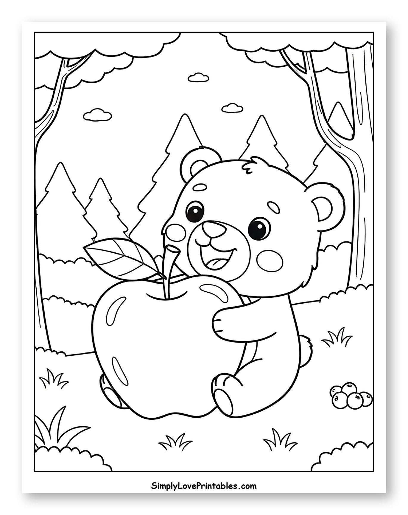 Happy Bear Cub Holding a Big Apple Coloring Page for Kids