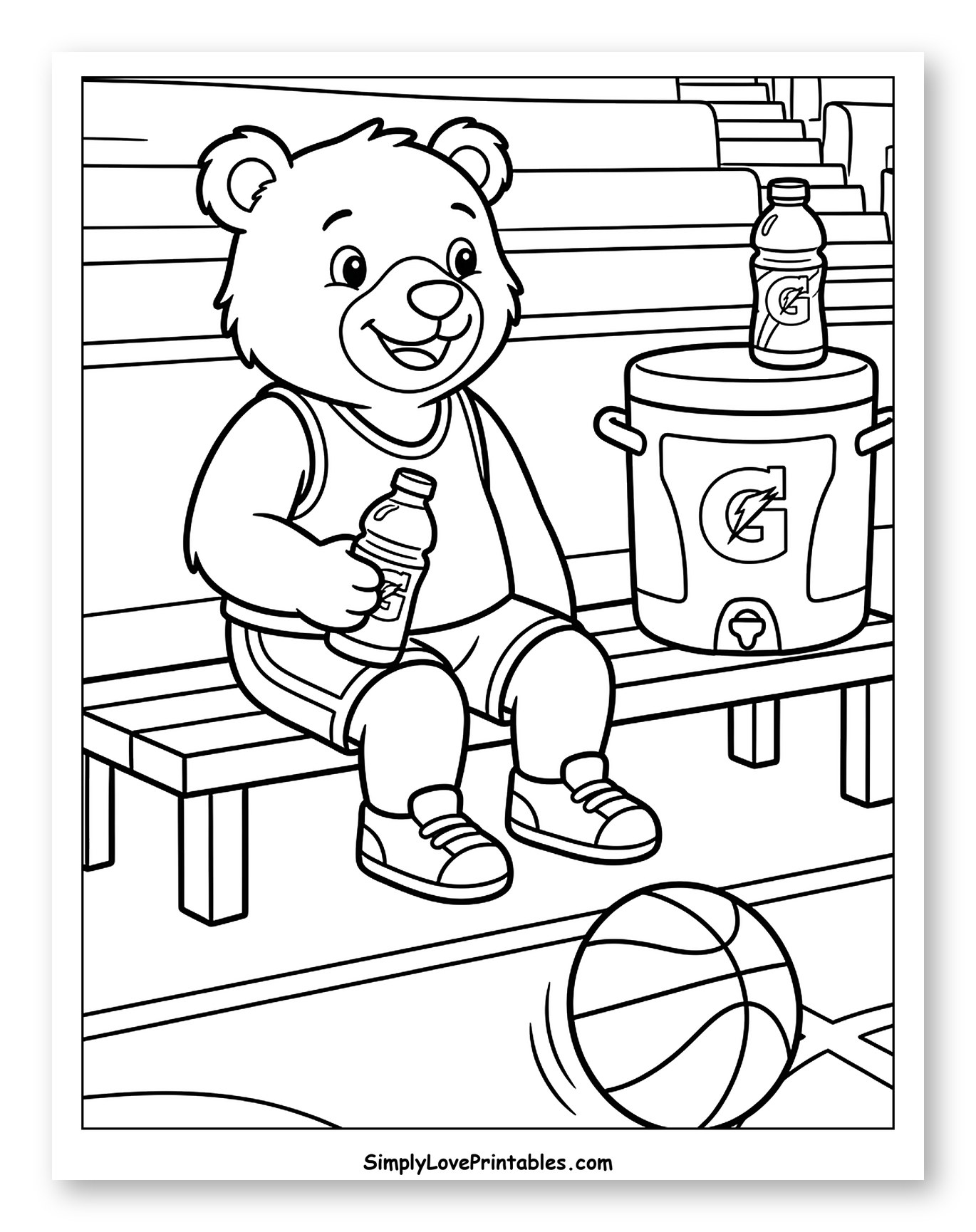 Happy Bear Drinking Gatorade on Basketball Court to Color for Kids