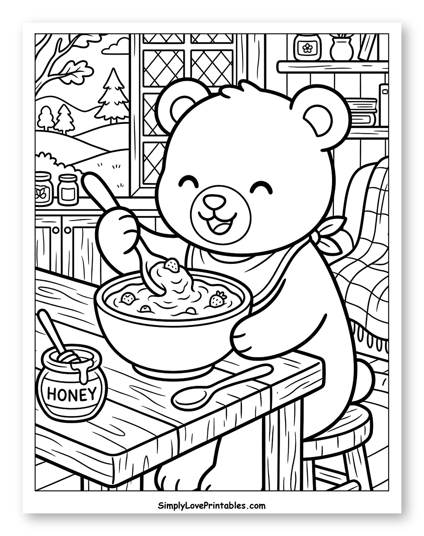 Happy Bear Eating Yogurt for Breakfast
