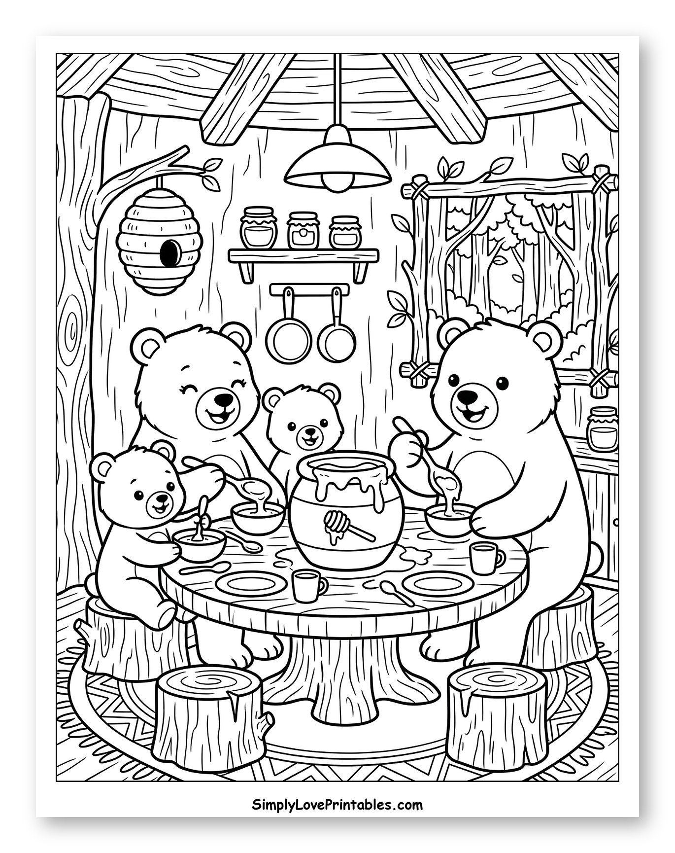 Happy Bear Family Sharing Honey Feast Coloring Page for Kids