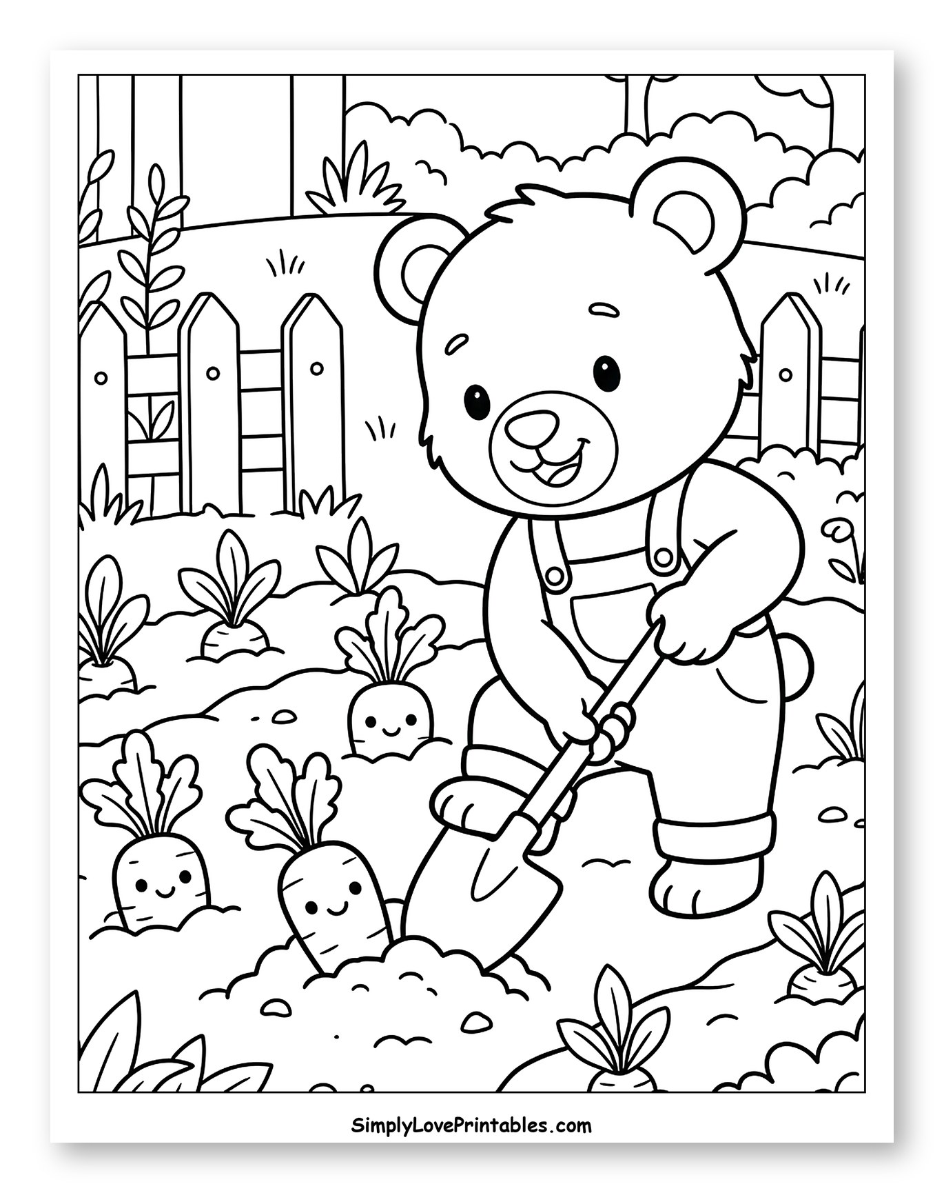 Happy Bear Harvesting Carrots in Garden to Color for Kids