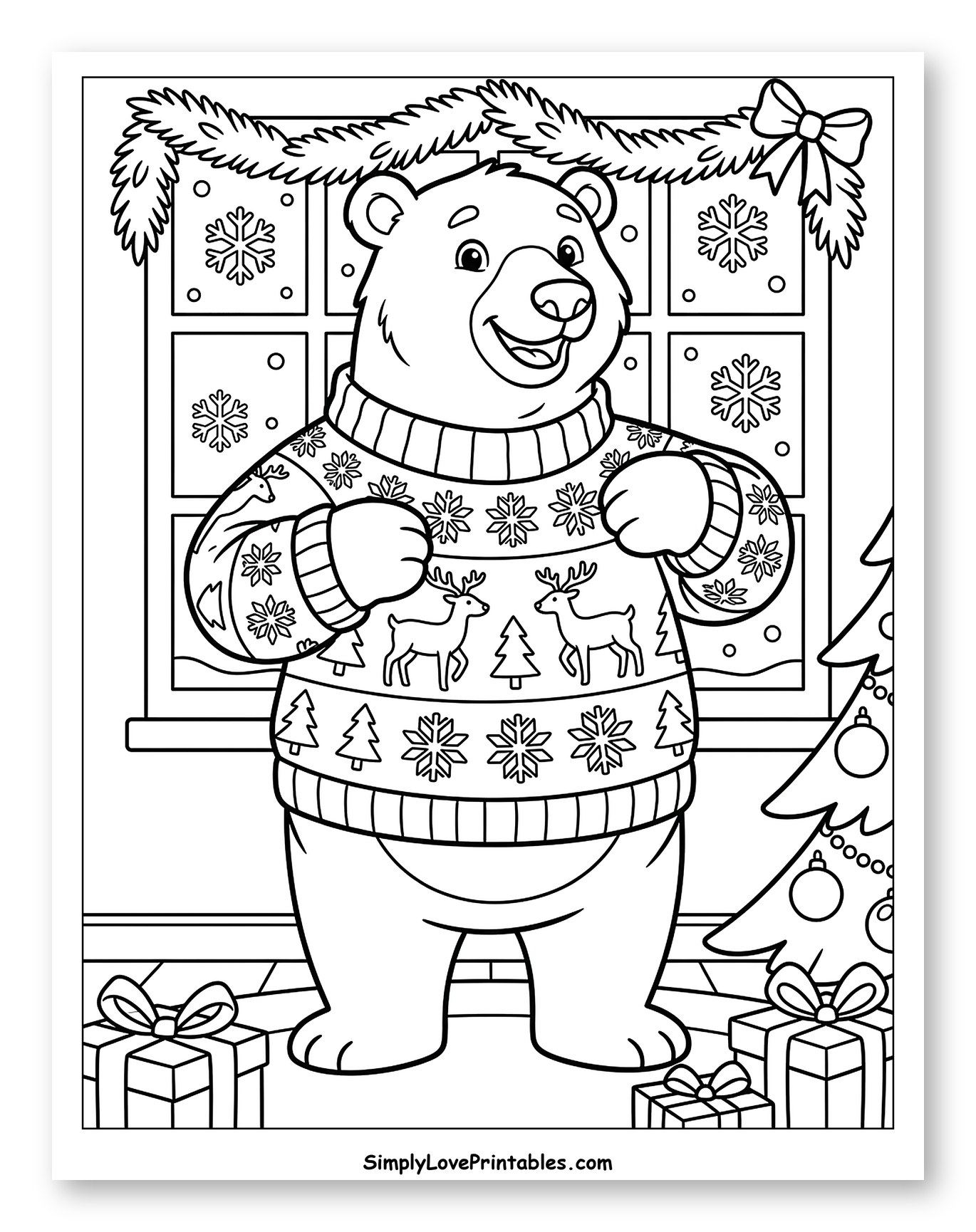 Happy Bear in a Festive Winter Sweater Coloring Page for Kids