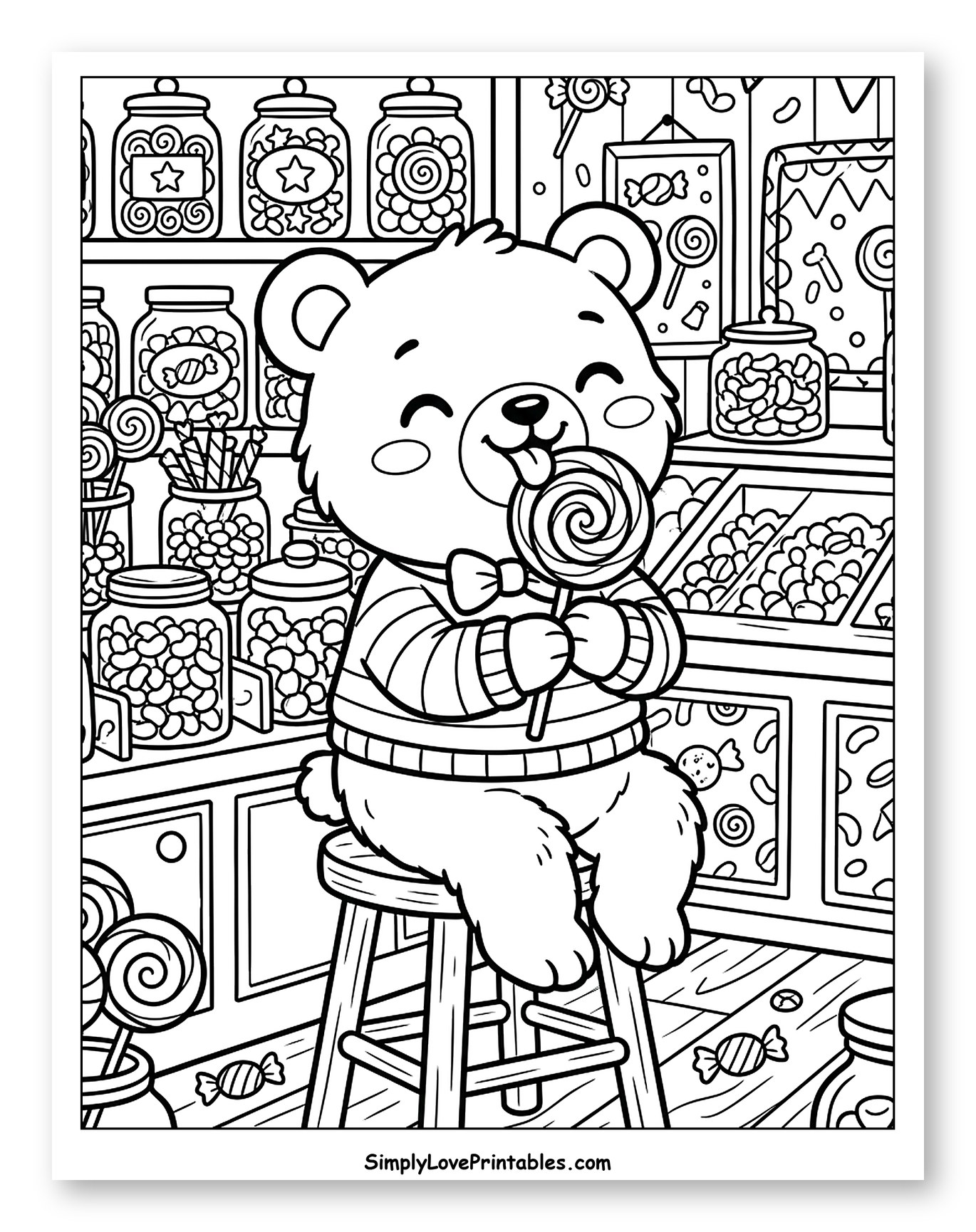Happy Bear Licking Lollipop in Candy Store to Color for Kids