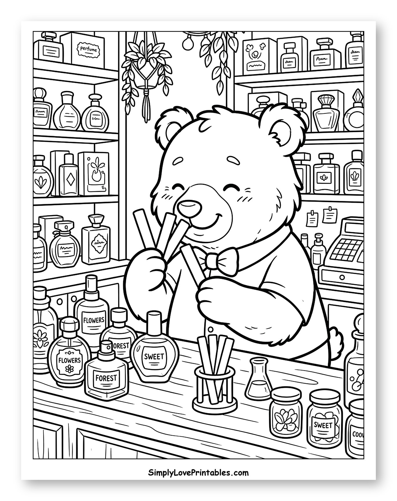 Happy Bear Perfumer Testing Scents in Shop Coloring Page for Kids