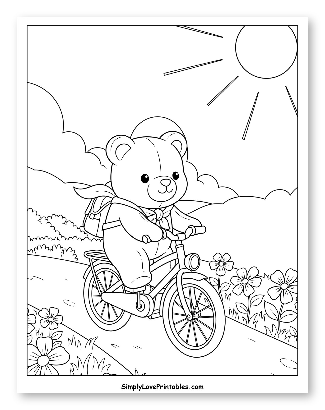 Happy Bear Riding Bike on Flowery Path Coloring Page for Kids