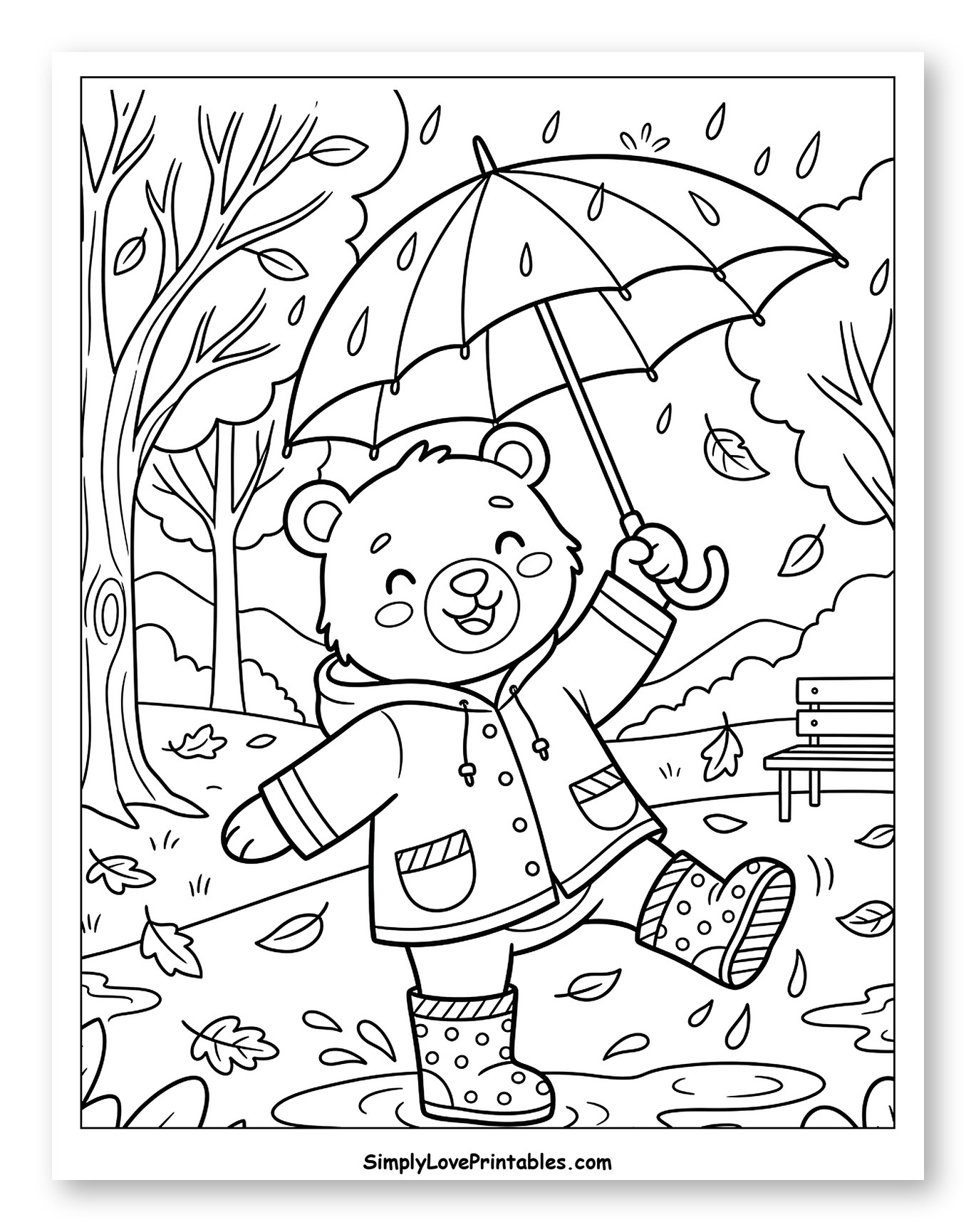 Happy Bear Splashing in Puddles with Umbrella Coloring Page for Kids