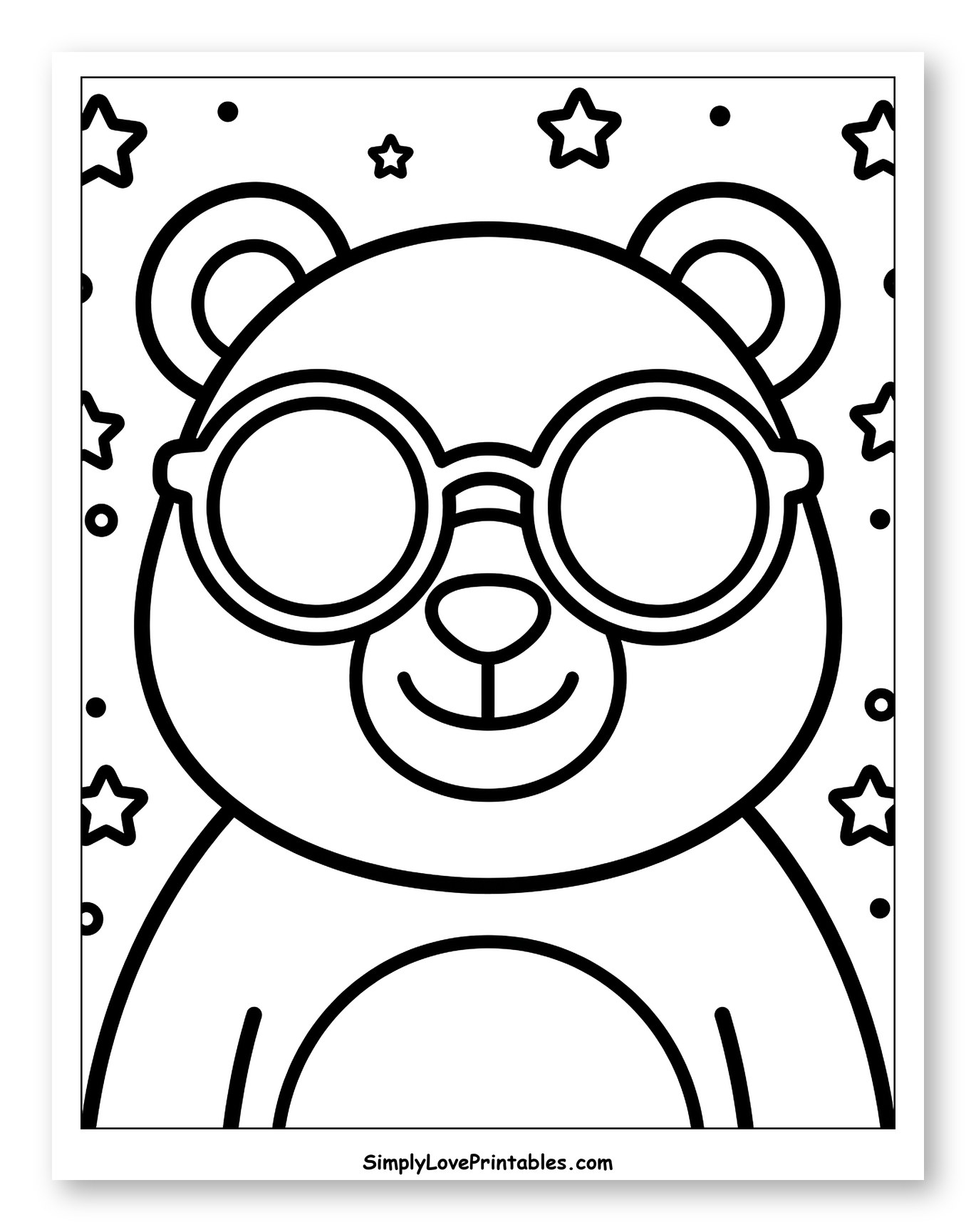 Happy Bear Wearing Round Glasses with Stars Coloring Sheet for Toddlers
