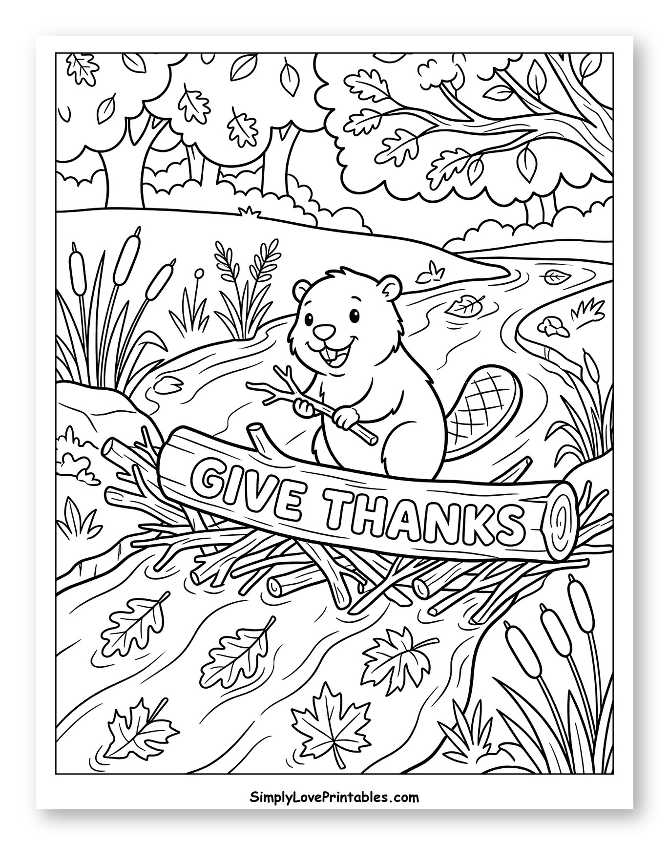 Happy Beaver with a Give Thanks Log