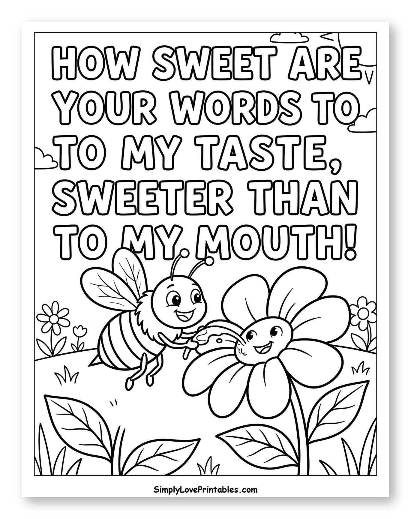 Happy Bee and Flower with Bible Verse Coloring Page for Kids